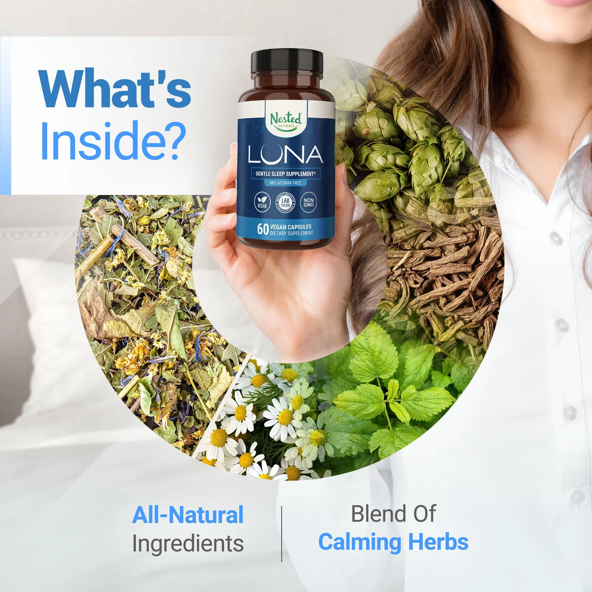 Nested Naturals Luna Melatonin-Free - Non-Habit Forming Herbal Sleep Supplement - Adult Bedtime Support, Help Sleeping w/Chamomile, Valerian, L-Theanine - 120 Vegan Capsules - Image 4