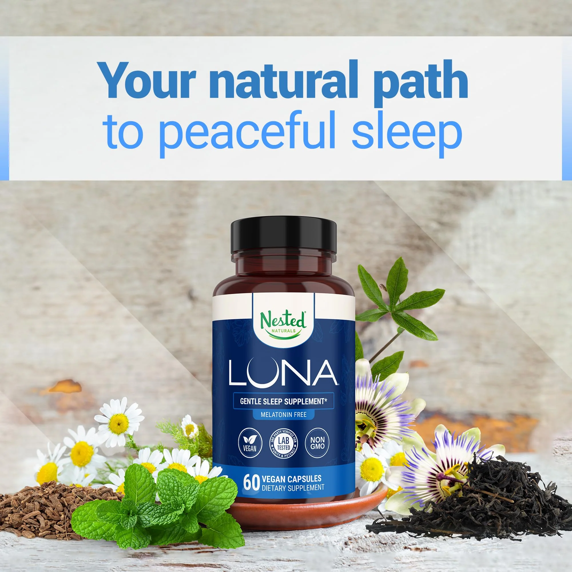 Nested Naturals Luna Melatonin-Free - Non-Habit Forming Herbal Sleep Supplement - Adult Bedtime Support, Help Sleeping w/Chamomile, Valerian, L-Theanine - 120 Vegan Capsules - Image 5