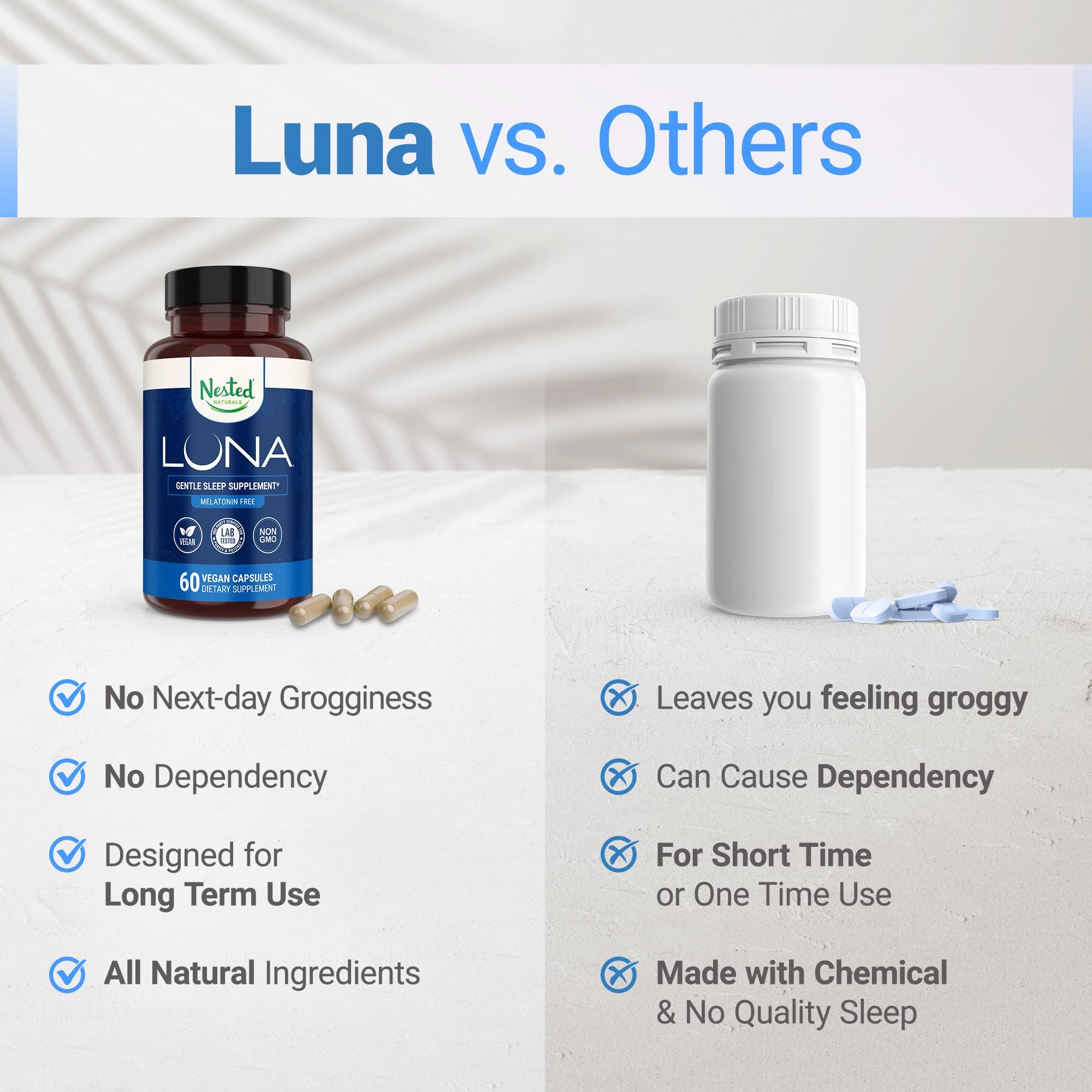 Nested Naturals Luna Melatonin-Free - Non-Habit Forming Herbal Sleep Supplement - Adult Bedtime Support, Help Sleeping w/Chamomile, Valerian, L-Theanine - 120 Vegan Capsules - Image 7