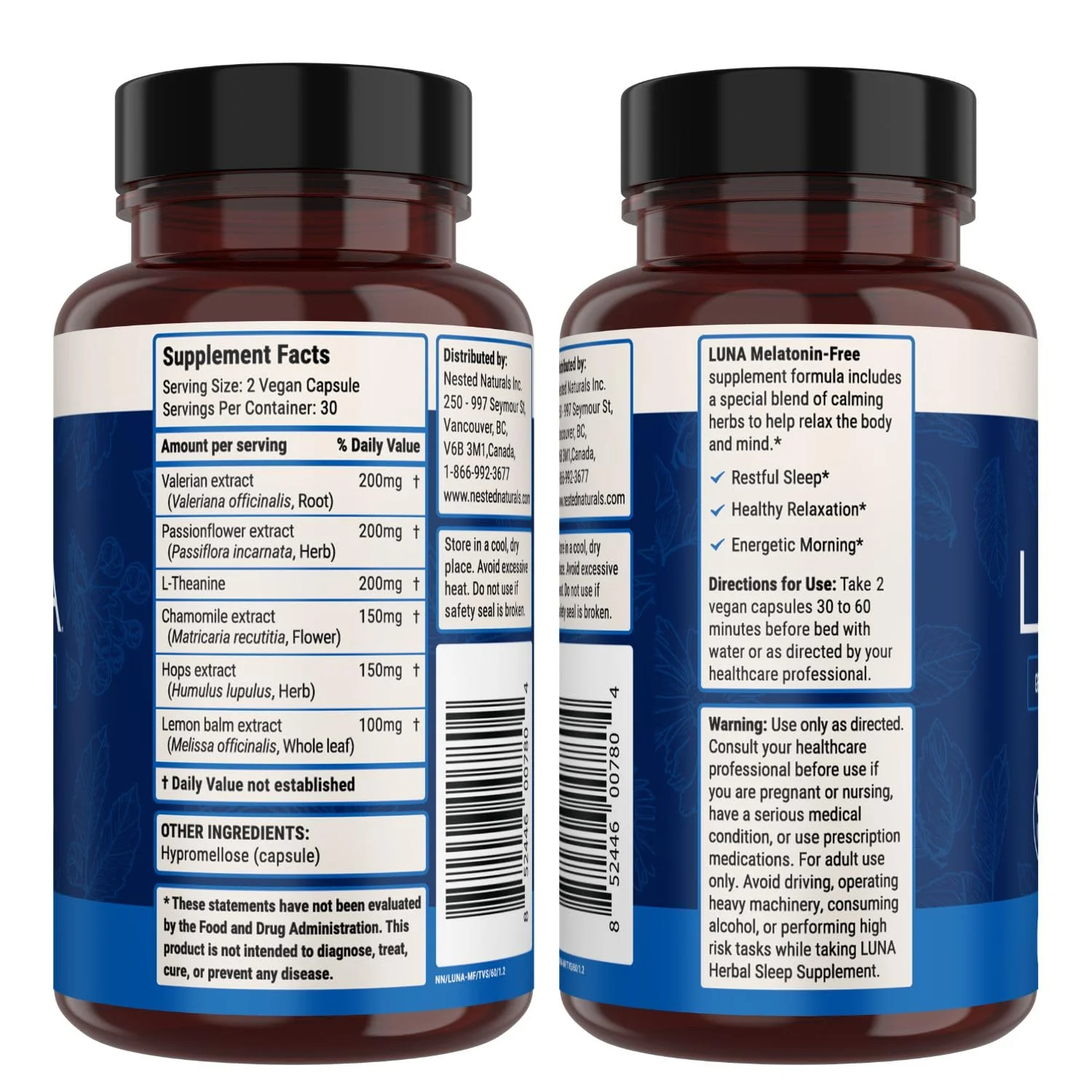 Nested Naturals Luna Melatonin-Free - Non-Habit Forming Herbal Sleep Supplement - Adult Bedtime Support, Help Sleeping w/Chamomile, Valerian, L-Theanine - 120 Vegan Capsules - Image 8