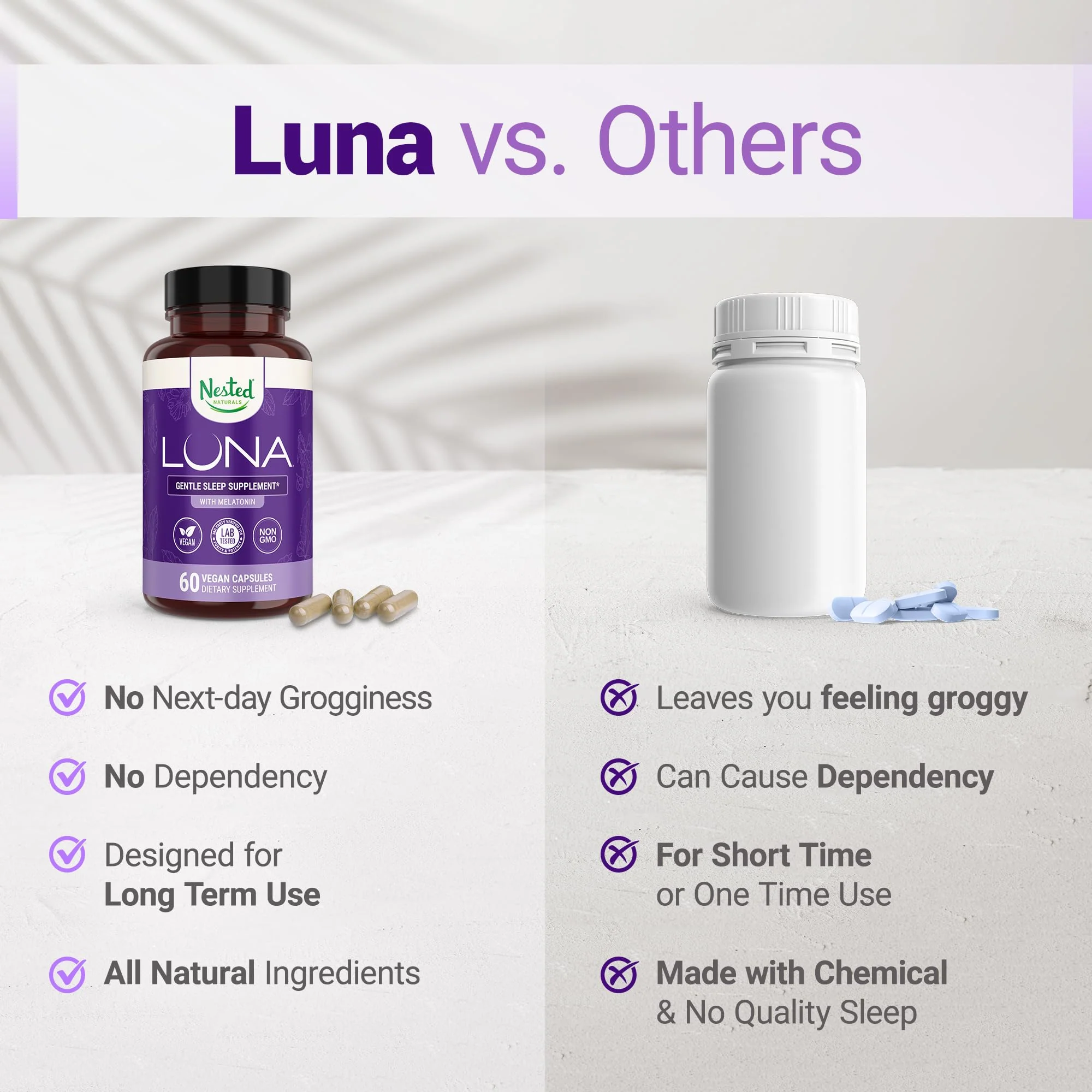 Nested Naturals Luna Sleep Aid - Non-Habit Forming Natural Sleeping Pills for Adults with Naturally Sourced Ingredients - Valerian Root, Melatonin, Chamomile, Lemon Balm, and More - 120 Vegan Capsules - Image 6