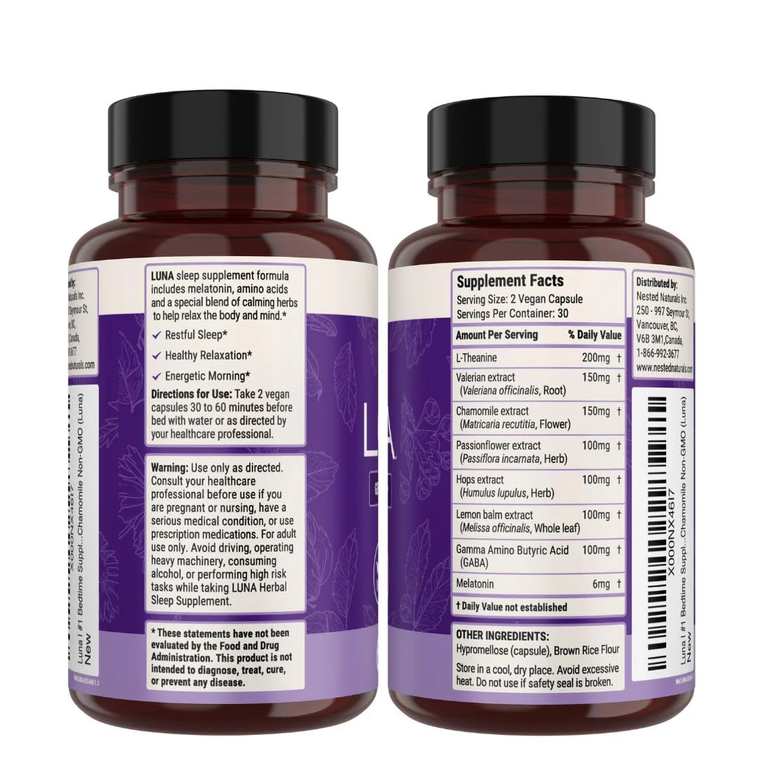 Nested Naturals Luna Sleep Aid - Non-Habit Forming Natural Sleeping Pills for Adults with Naturally Sourced Ingredients - Valerian Root, Melatonin, Chamomile, Lemon Balm, and More - 120 Vegan Capsules - Image 9