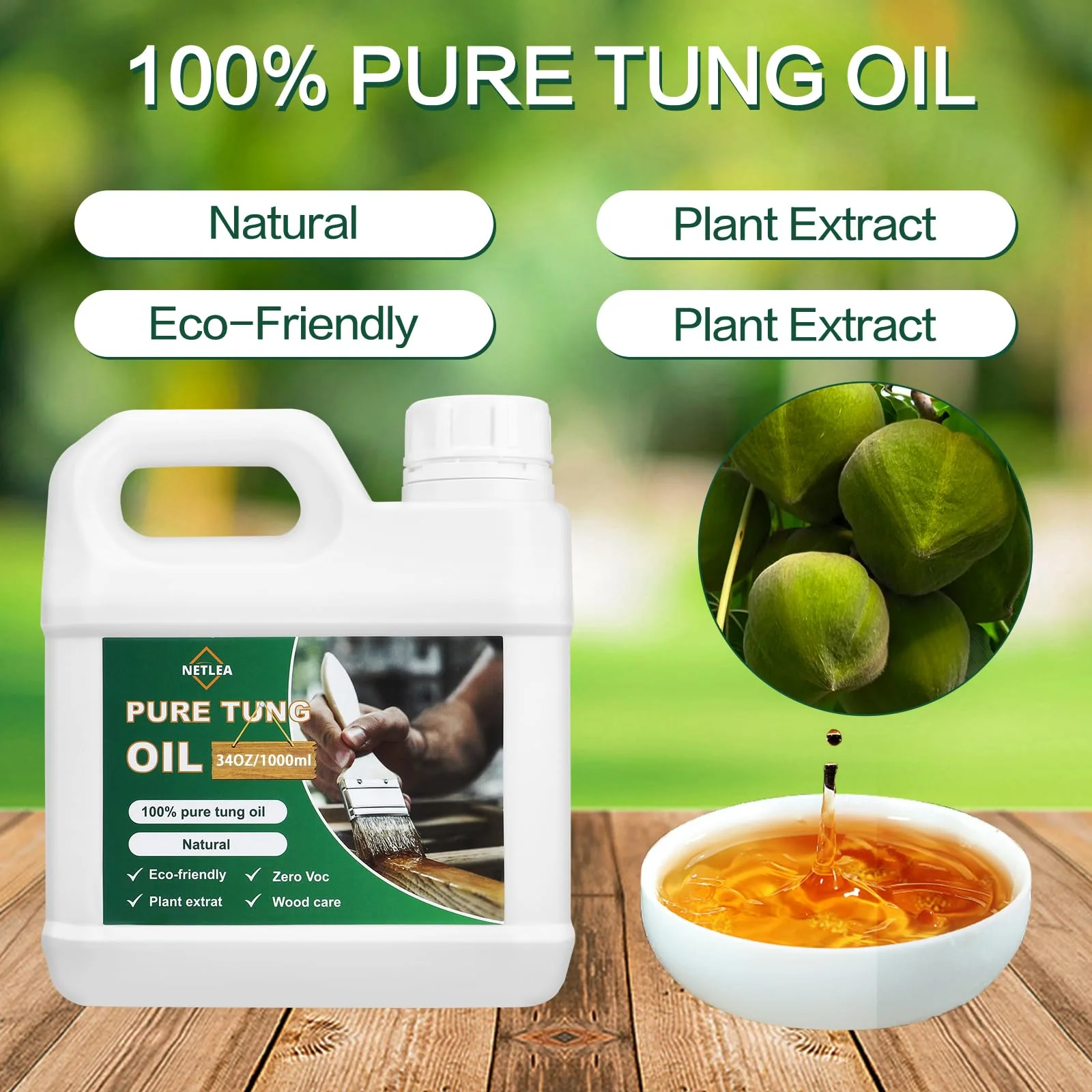 NetLea 34oz 100% Pure Tung Oil for Wood Finish,Food Safe for Furniture,Countertop,Cutting Board,Indoor & Outdoor Furniture,Wood Floor - Image 7