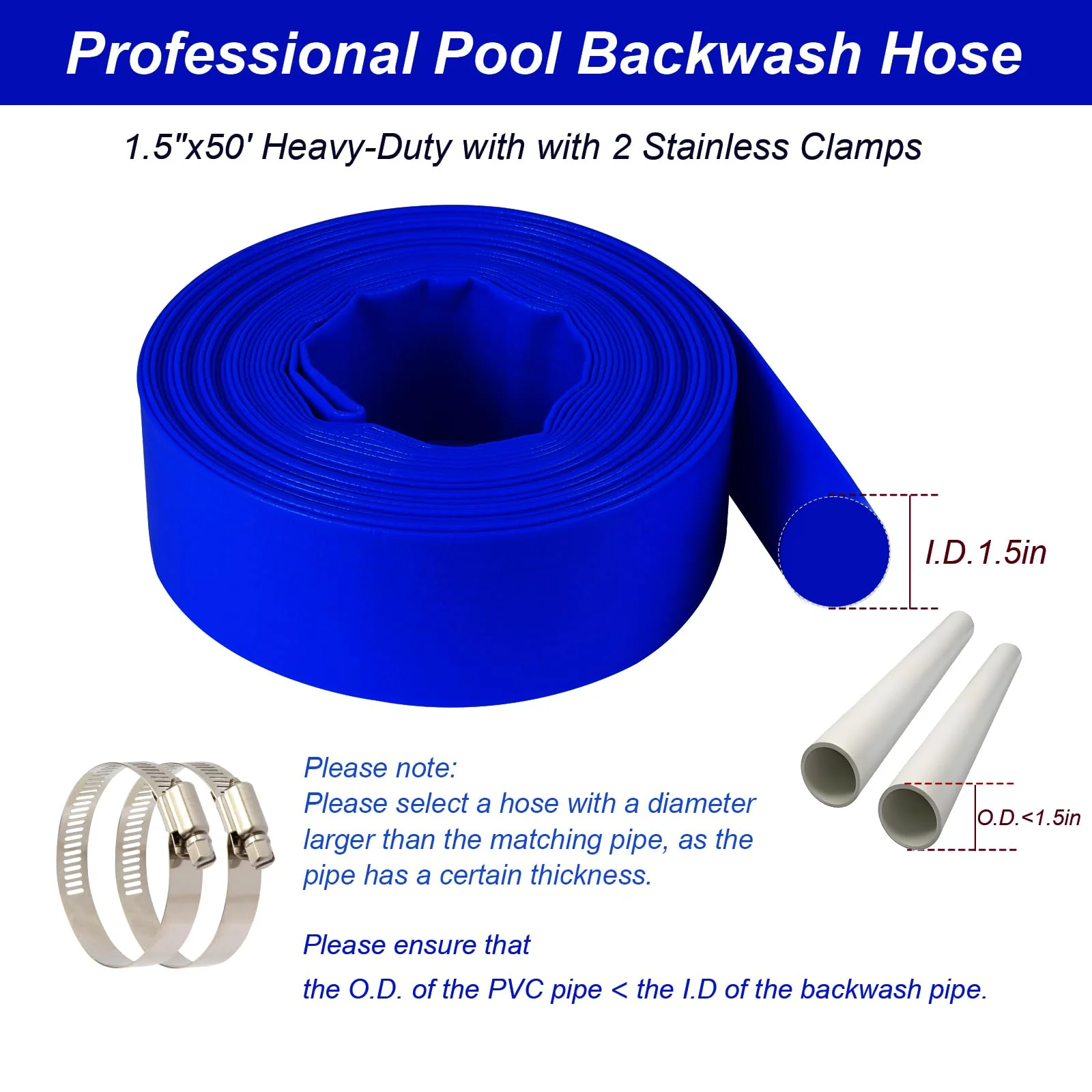 NetLea Heavy-Duty Pool Backwash Hose,1-1/2-inchx50 ft Reinforced Leak Proof Design with 2 Stainless Steel Clamps 1.5Inch, Weather Resistant, Bursting, Ideal for Pool Backwash, Sump Pump Drainage - Image 6