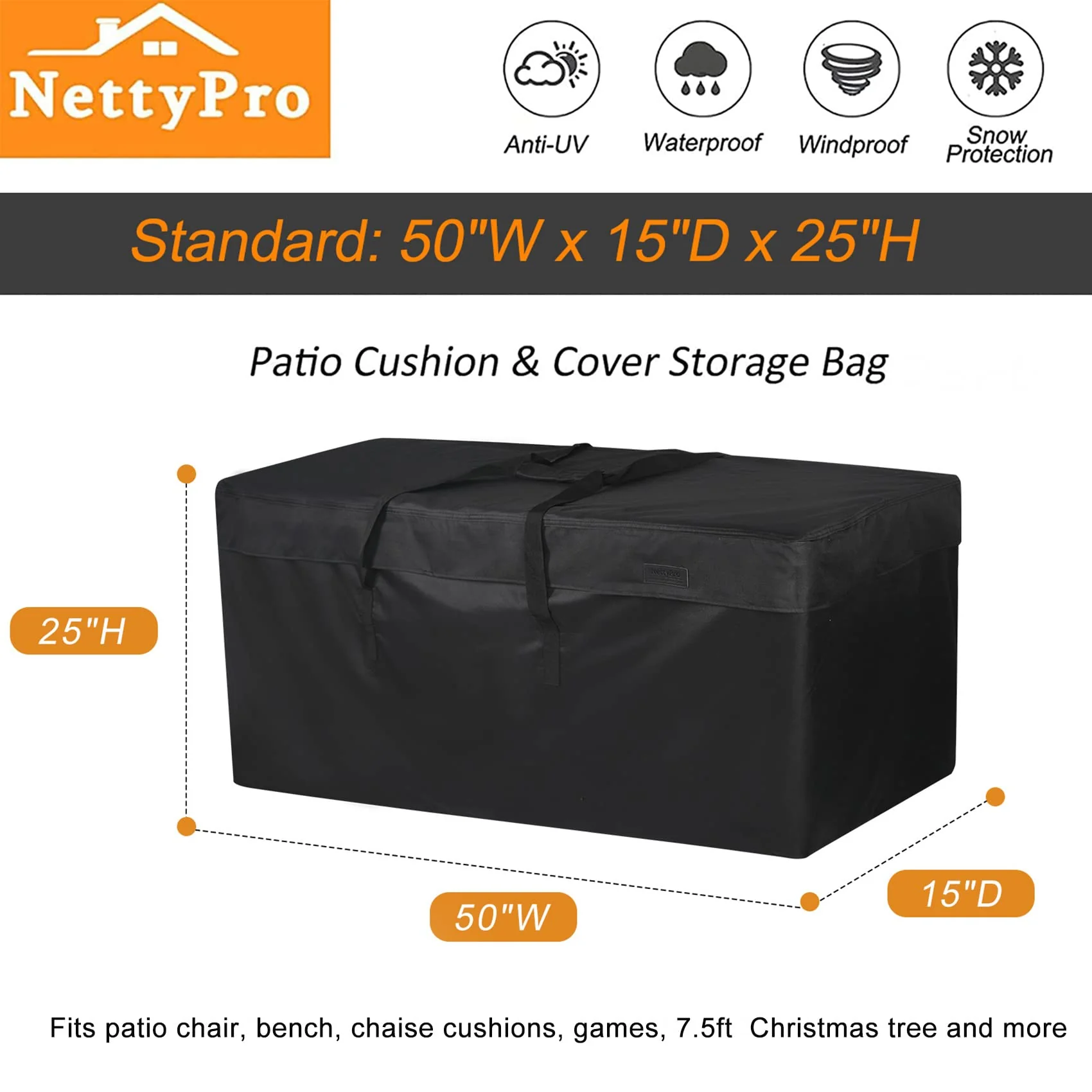 NettyPro Outdoor Cushion Storage Bags Water-Resistant for Patio Furniture Storage Cushion Christmas Tree Bag 7.5 Ft with Zipper and Handle, 50 x 15 x 25 Inch, Black - Image 7