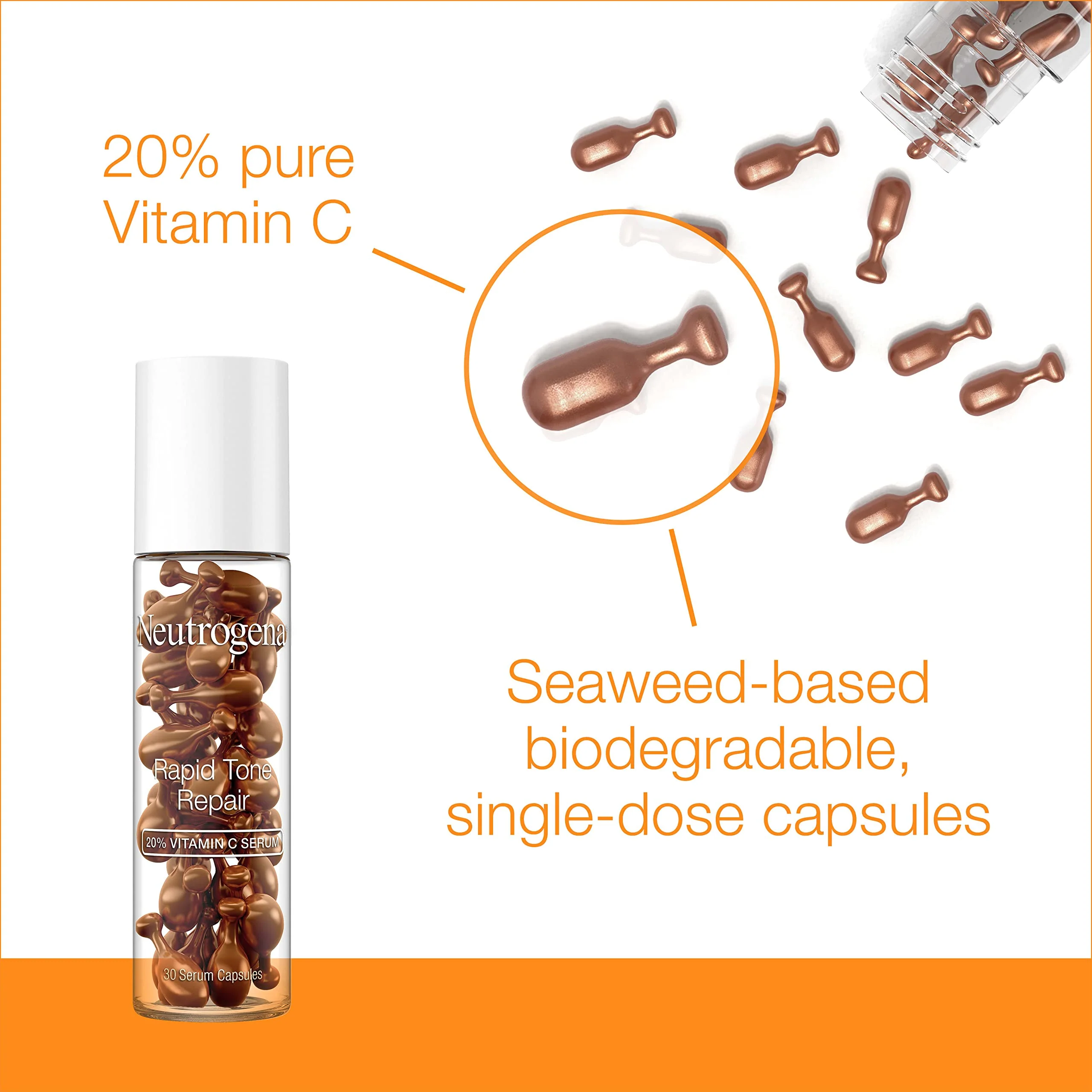 Neutrogena Rapid Tone Repair 20% Vitamin C Brightening Serum Capsules, Antioxidant Face Serum to Brighten Look of Dark Spots & Even Skin Tone, Oil-Free, 30 Serum Capsules - Image 6