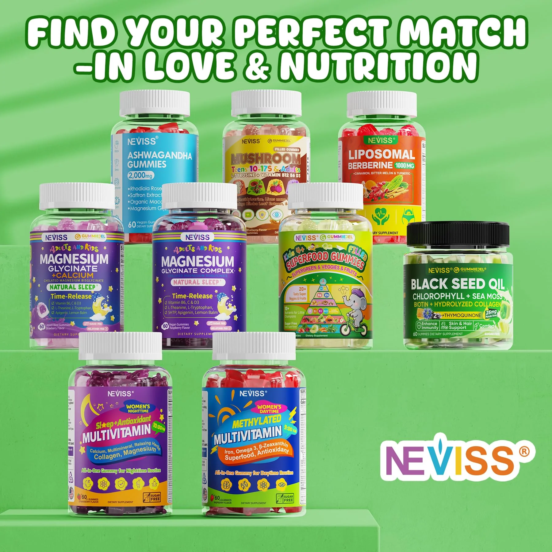 NEVISS Kids 4+ & Teens Super Greens 40-in-1 Gummies w/Multivitamin, Omega3 Iron, D3K2, Picky Eater Organic Super Fruits Veggies Superfood Gummy, Mushroom, Lutein | Immune Bone Brain Energy, Sugar Free - Image 2