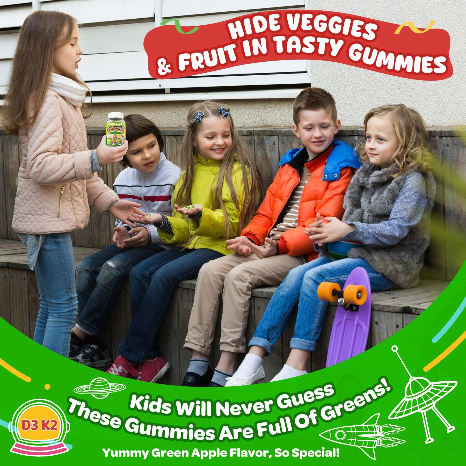 NEVISS Kids 4+ & Teens Super Greens 40-in-1 Gummies w/Multivitamin, Omega3 Iron, D3K2, Picky Eater Organic Super Fruits Veggies Superfood Gummy, Mushroom, Lutein | Immune Bone Brain Energy, Sugar Free - Image 6
