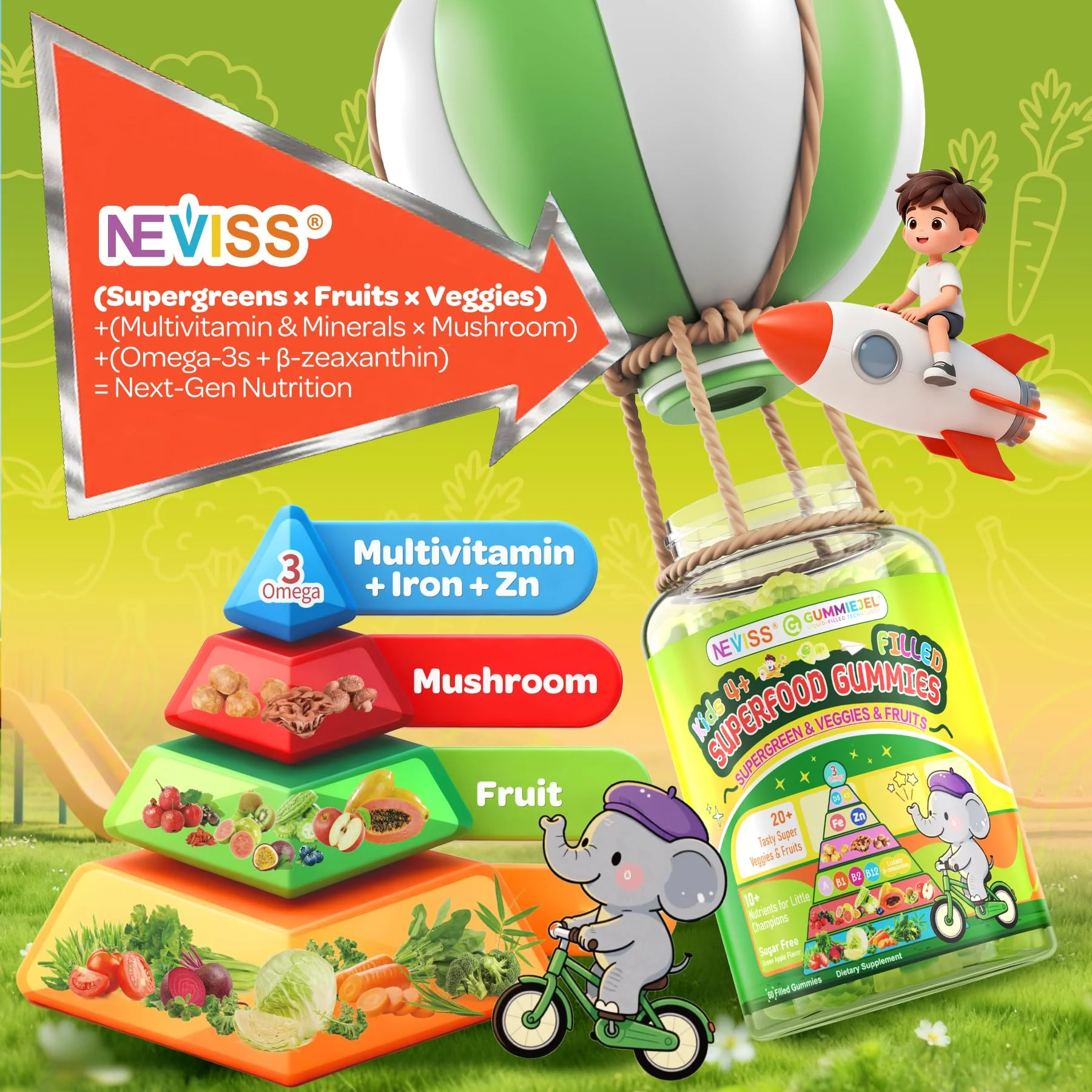 NEVISS Kids 4+ & Teens Super Greens 40-in-1 Gummies w/Multivitamin, Omega3 Iron, D3K2, Picky Eater Organic Super Fruits Veggies Superfood Gummy, Mushroom, Lutein | Immune Bone Brain Energy, Sugar Free - Image 7