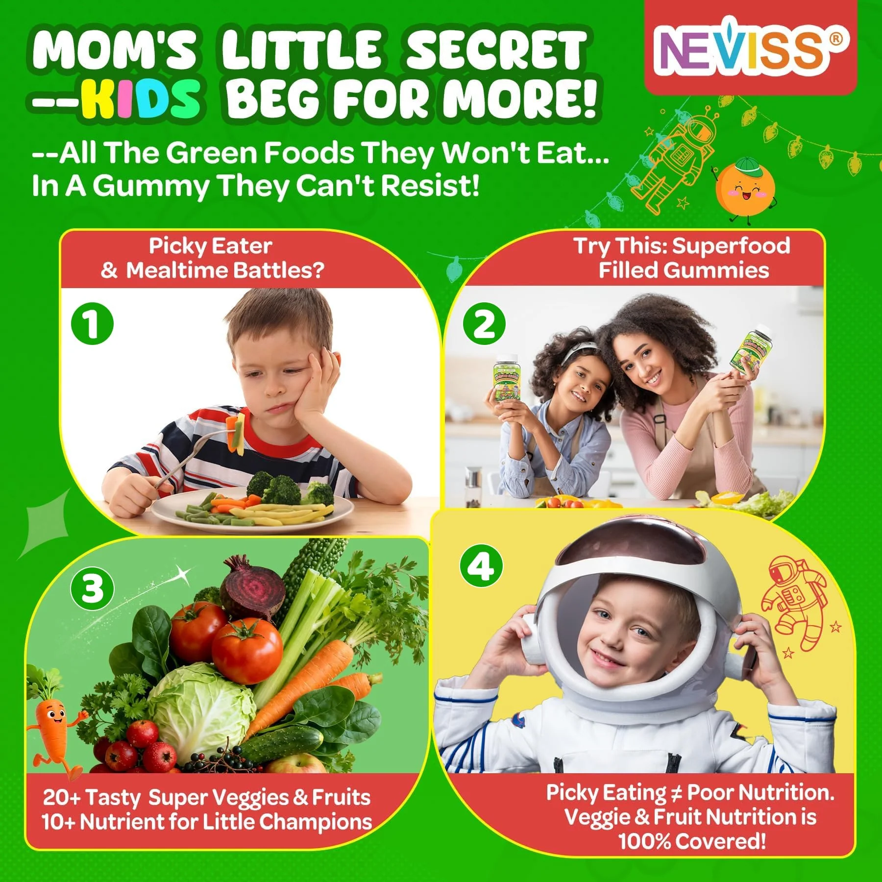 NEVISS Kids 4+ & Teens Super Greens 40-in-1 Gummies w/Multivitamin, Omega3 Iron, D3K2, Picky Eater Organic Super Fruits Veggies Superfood Gummy, Mushroom, Lutein | Immune Bone Brain Energy, Sugar Free - Image 8