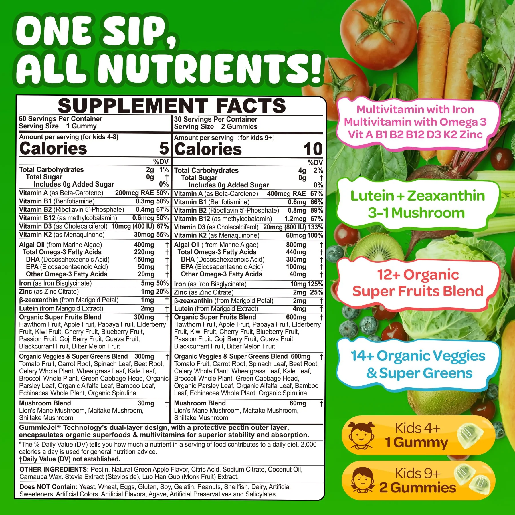NEVISS Kids 4+ & Teens Super Greens 40-in-1 Gummies w/Multivitamin, Omega3 Iron, D3K2, Picky Eater Organic Super Fruits Veggies Superfood Gummy, Mushroom, Lutein | Immune Bone Brain Energy, Sugar Free - Image 9