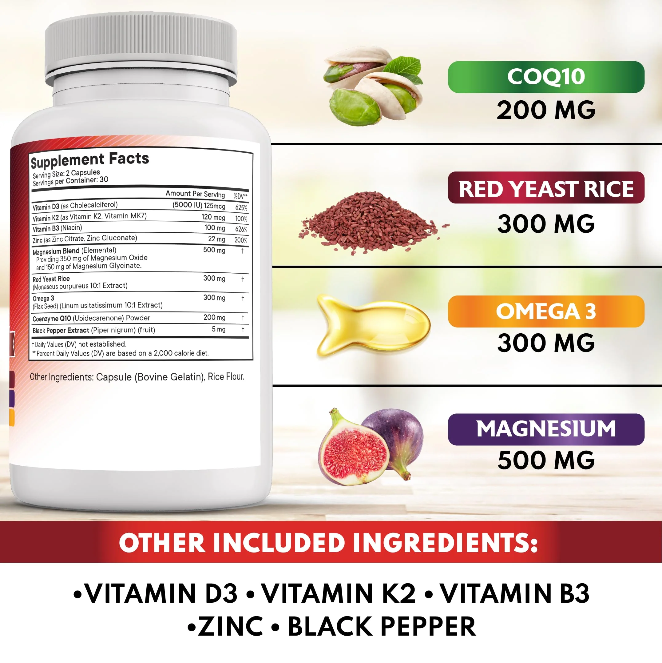 NEW AGE COQ10 200mg Red Yeast Rice Omega 3-6-9 Magnesium Complex Zinc Vitamin K2 D3 - Support Vitamins for Women and Men with Vitamin B3, Coenzyme Q10-180 Count - Image 5