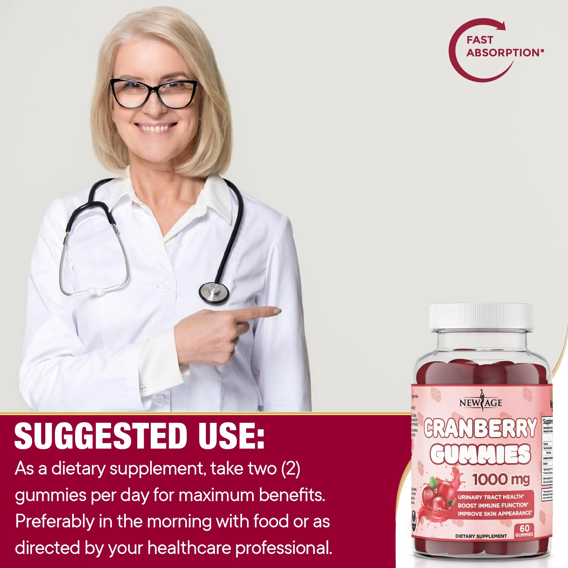 NEW AGE Cranberry Gummies Urinary Tract Health Gummies 1000mg - Supports Bladder, Kidney, UTI - Vegetarian (Cranberry 60 Gummies) - Image 3