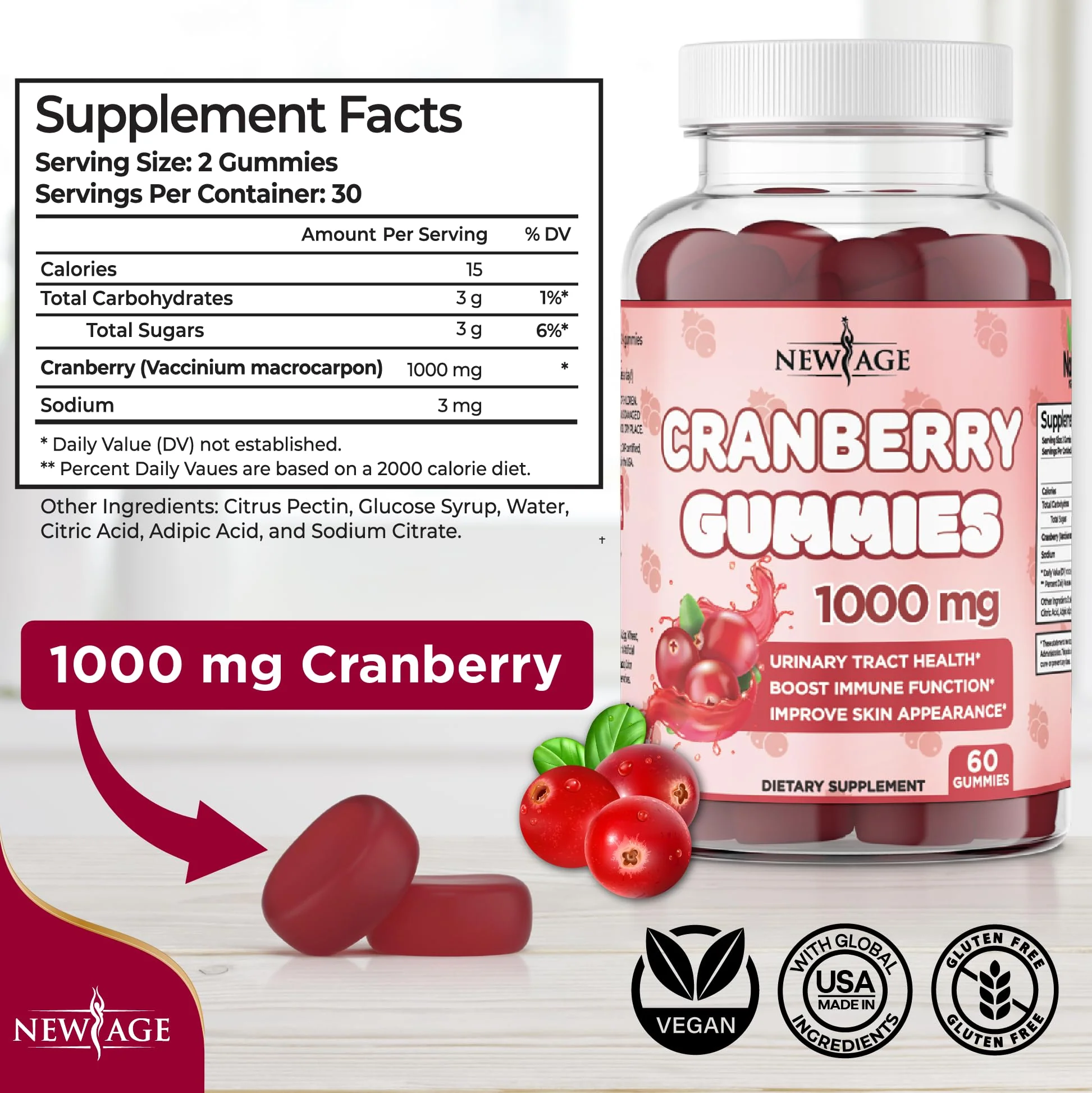 NEW AGE Cranberry Gummies Urinary Tract Health Gummies 1000mg - Supports Bladder, Kidney, UTI - Vegetarian (Cranberry 60 Gummies) - Image 8