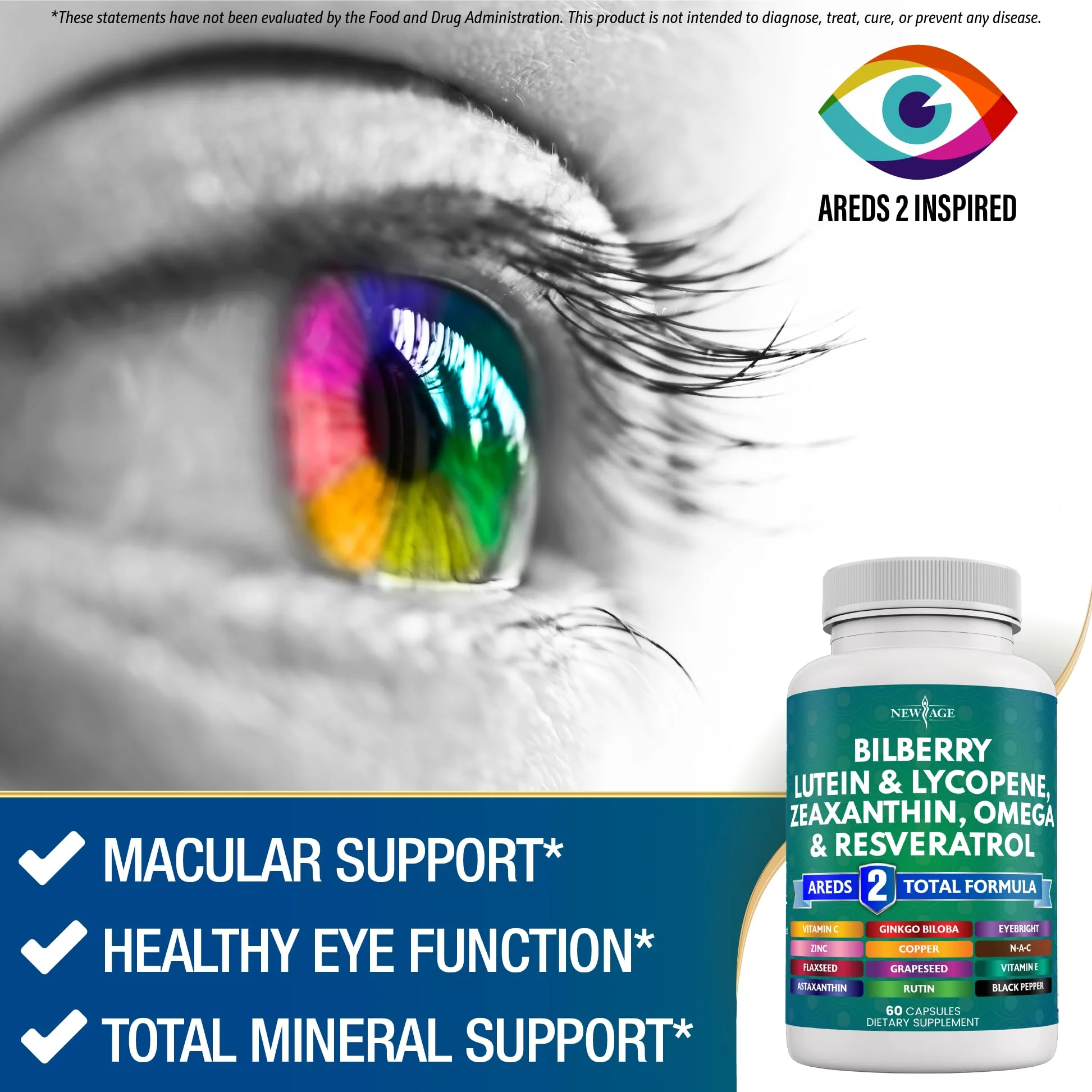 NEW AGE Eye Health Vitamins with Bilberry Lutein & Zeaxanthin Lycopene Resveratrol Grape Seed Extract Astaxanthin - Eye Vitamin - 180 Count - Image 7