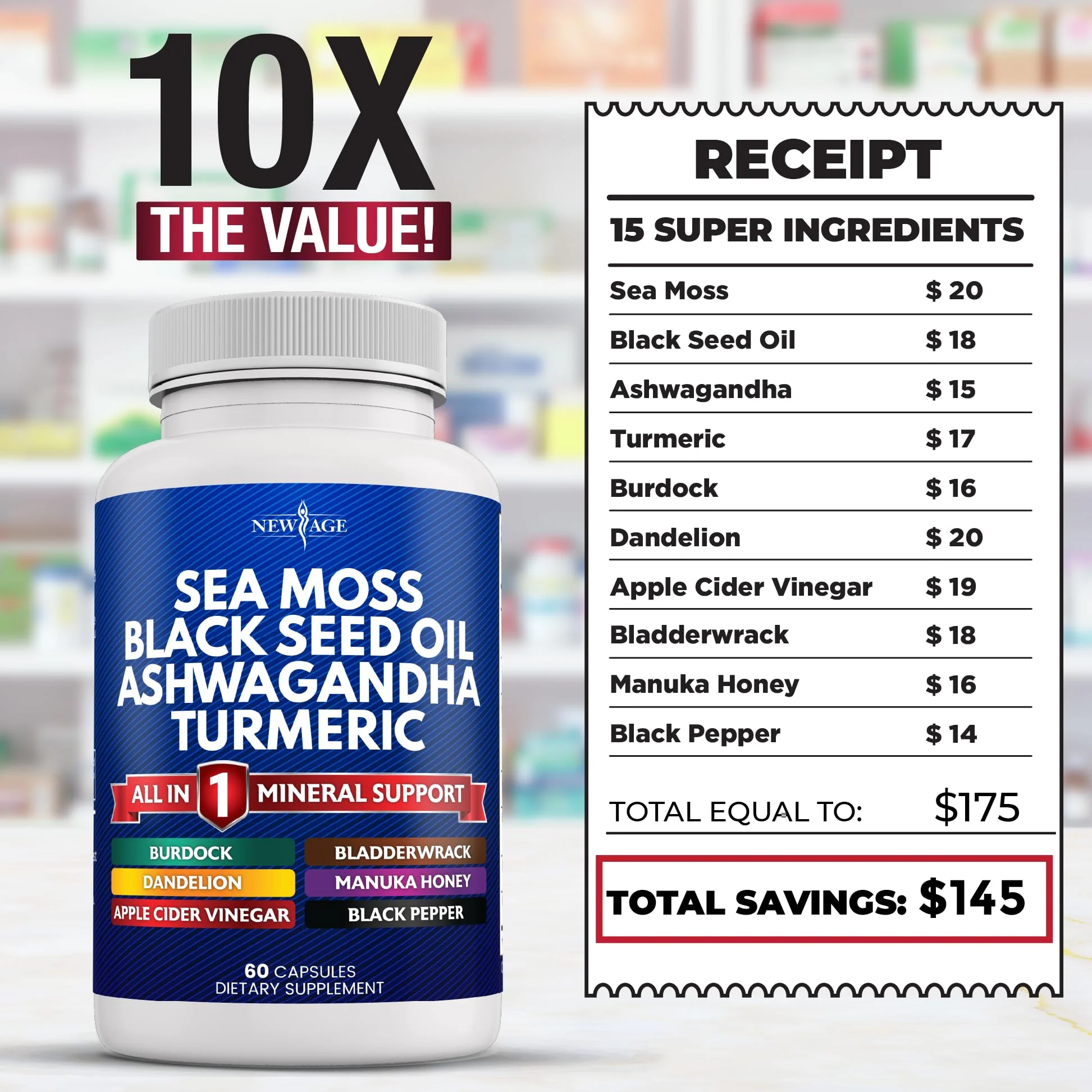 NEW AGE Silica Sea Moss, Black Seed Oil, Ashwagandha, Turmeric, Bladderwrack, Burdock - with Manuka, Honey Dandelion, ACV Black Pepper Gluten Free - Image 6