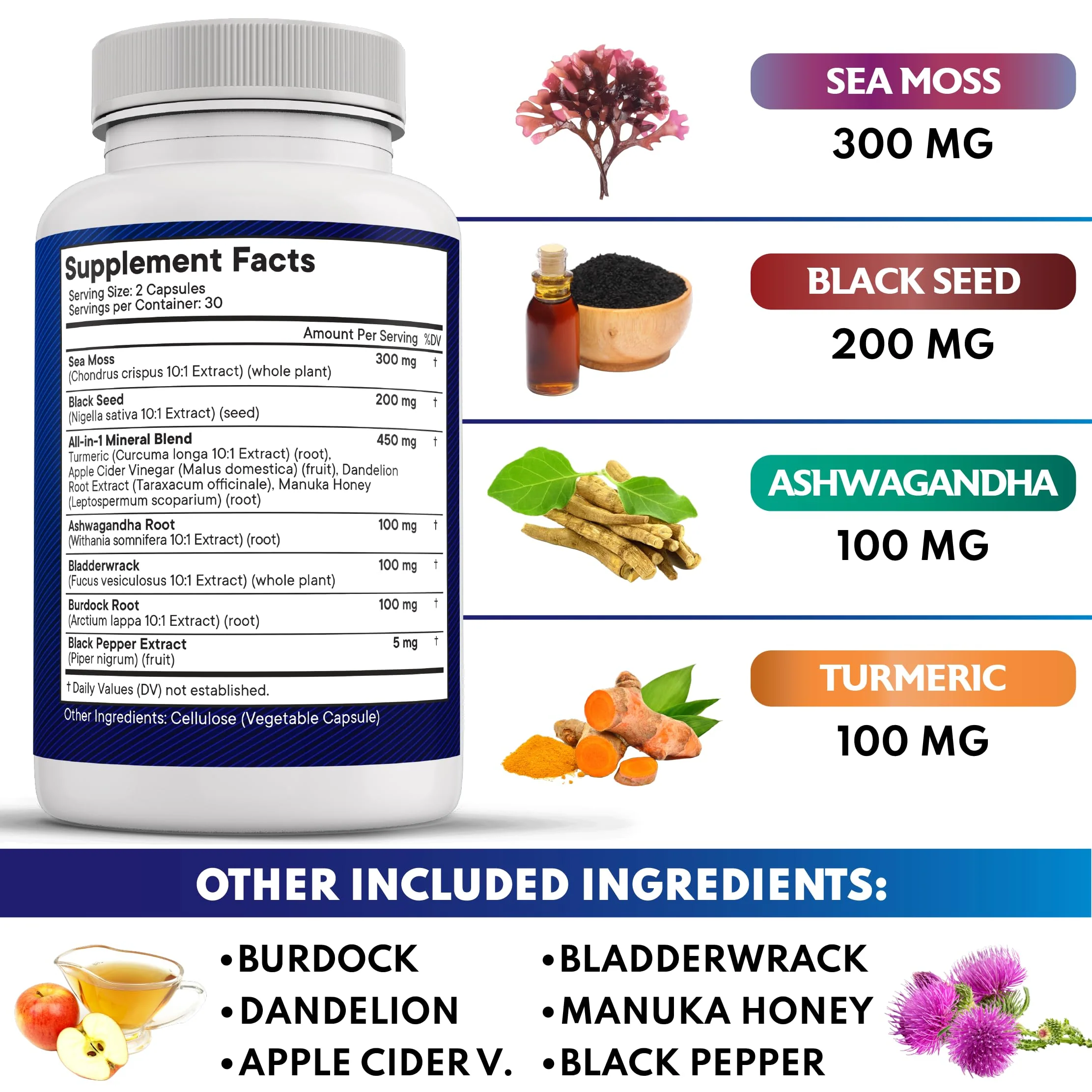 NEW AGE Silica Sea Moss, Black Seed Oil, Ashwagandha, Turmeric, Bladderwrack, Burdock - with Manuka, Honey Dandelion, ACV Black Pepper Gluten Free - Image 8