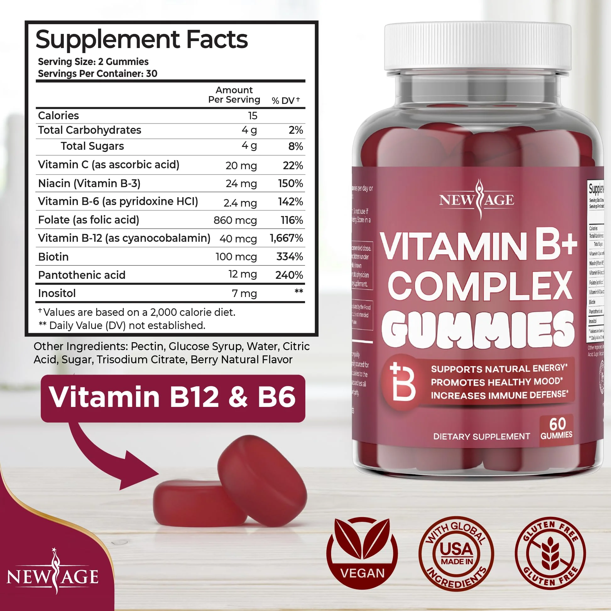 NEW AGE Vitamin B Complex Gummies with Vitamin B3, B6, & B12 – with Biotin, Folic Acid & Vitamin C – Gluten-Free, Vegan, Made in The USA! (120 Count (Pack of 2)) - Image 8
