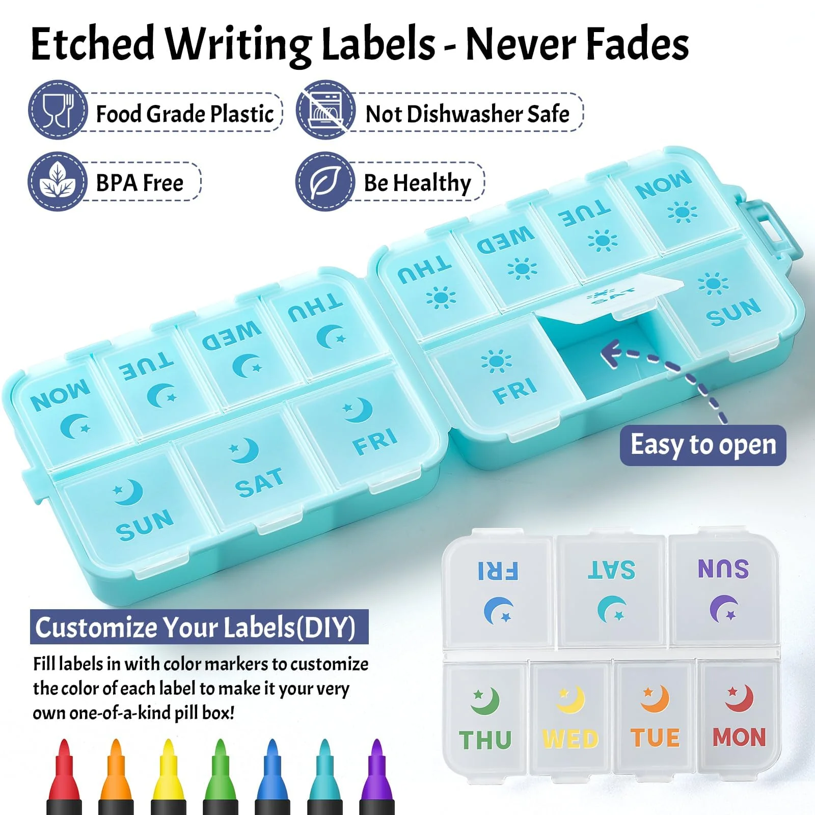 NEW Foldable & Double Protection Portable Weekly Pill Organizer 2 Times A Day with Etched Labels, AM PM 7 Day Week Medicine Box, Daily Travel Pill Case Dispenser for Vitamin, Supplement - Sky Blue - Image 2