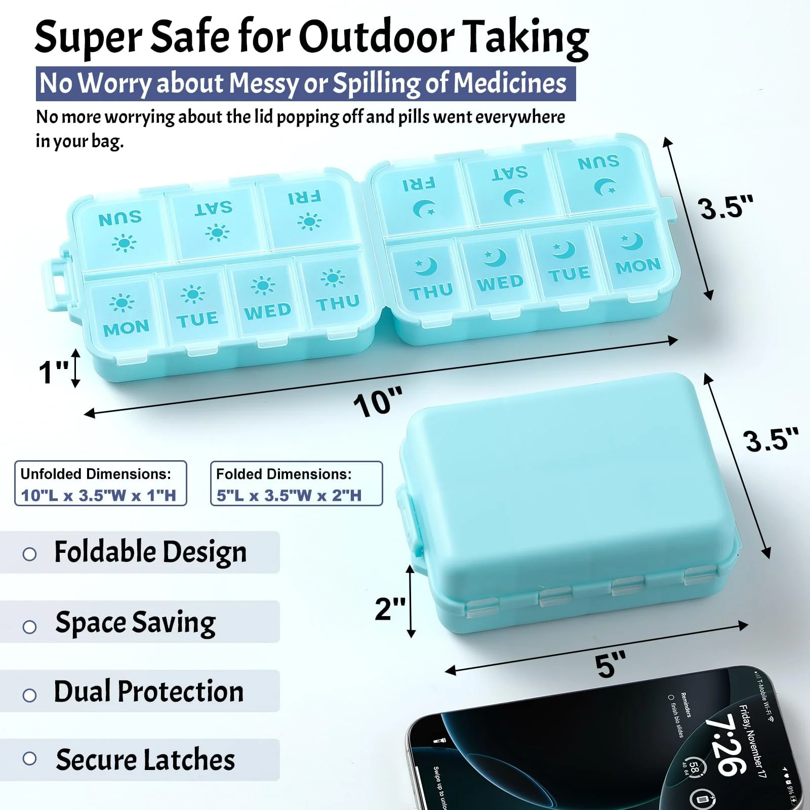 NEW Foldable & Double Protection Portable Weekly Pill Organizer 2 Times A Day with Etched Labels, AM PM 7 Day Week Medicine Box, Daily Travel Pill Case Dispenser for Vitamin, Supplement - Sky Blue - Image 3