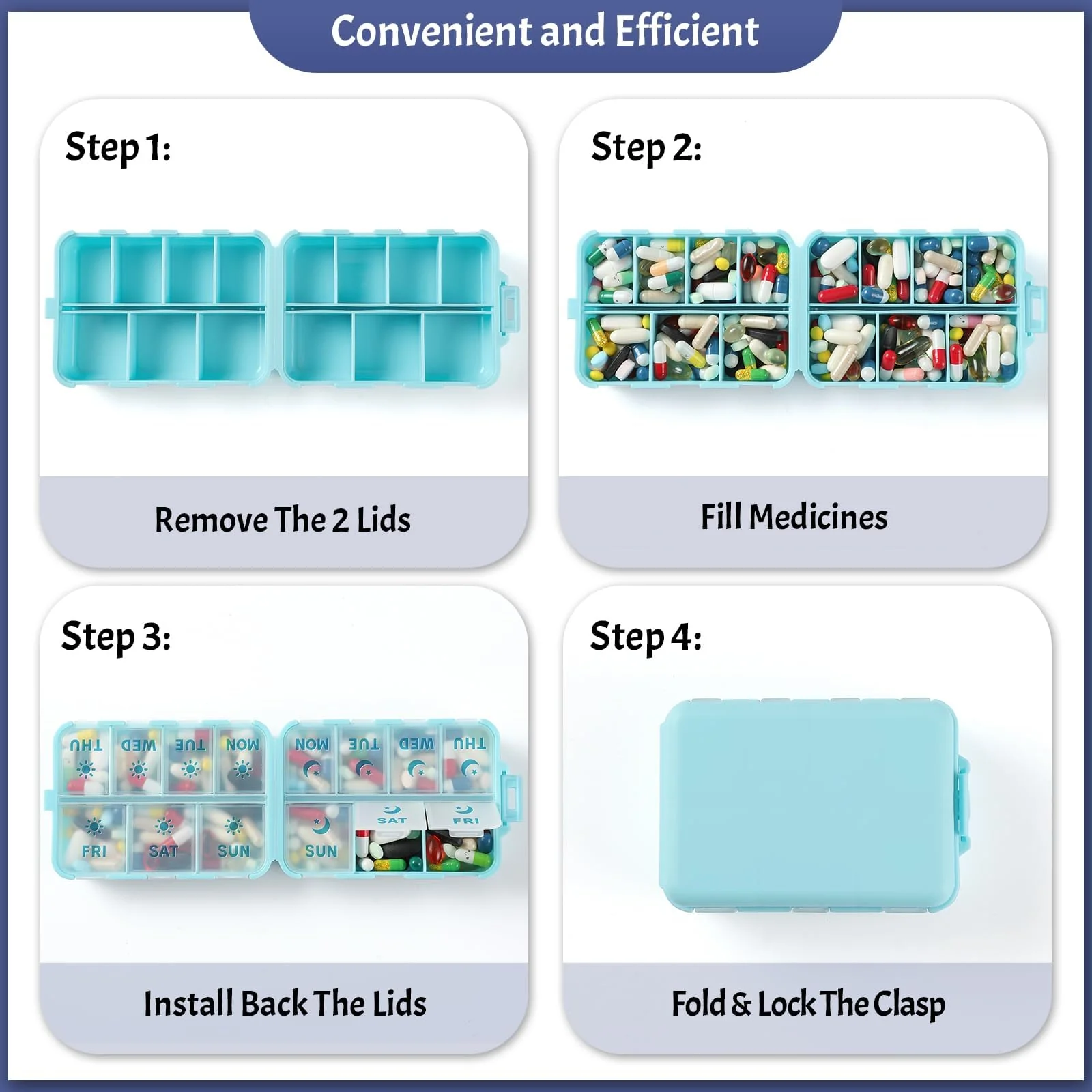 NEW Foldable & Double Protection Portable Weekly Pill Organizer 2 Times A Day with Etched Labels, AM PM 7 Day Week Medicine Box, Daily Travel Pill Case Dispenser for Vitamin, Supplement - Sky Blue - Image 5