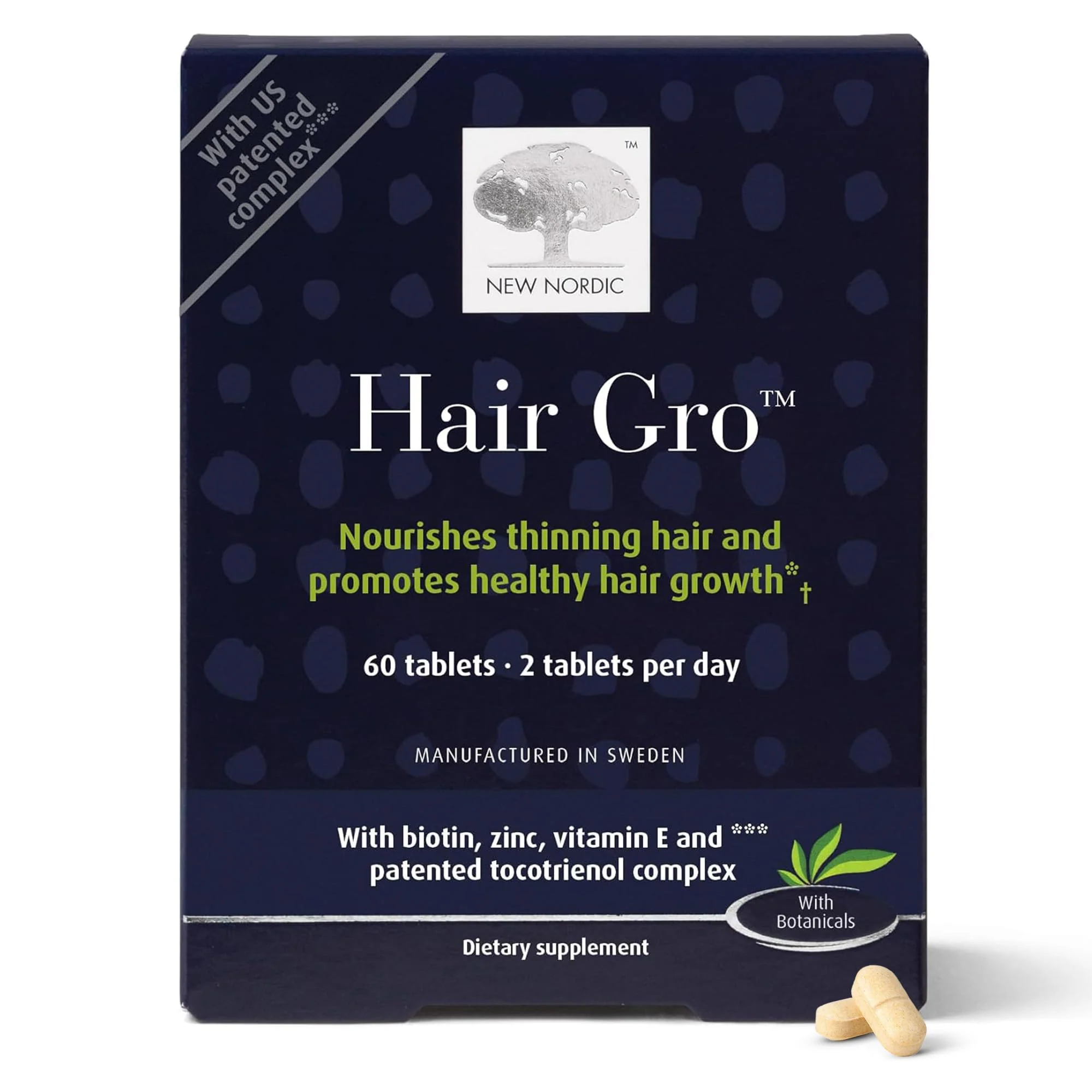 NEW NORDIC Hair Gro - Natural Hair Growth Product with Biotin, Apple Extract & Patented Tocotrienol Complex - Non-GMO, Gluten-Free & Dairy-Free - 60 Vegan Tablets (Pack of 2) - Image 2