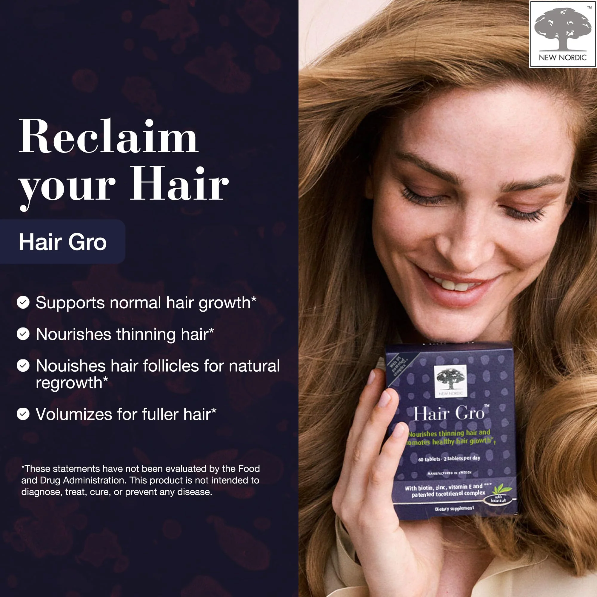 NEW NORDIC Hair Gro - Natural Hair Growth Product with Biotin, Apple Extract & Patented Tocotrienol Complex - Non-GMO, Gluten-Free & Dairy-Free - 60 Vegan Tablets (Pack of 2) - Image 4