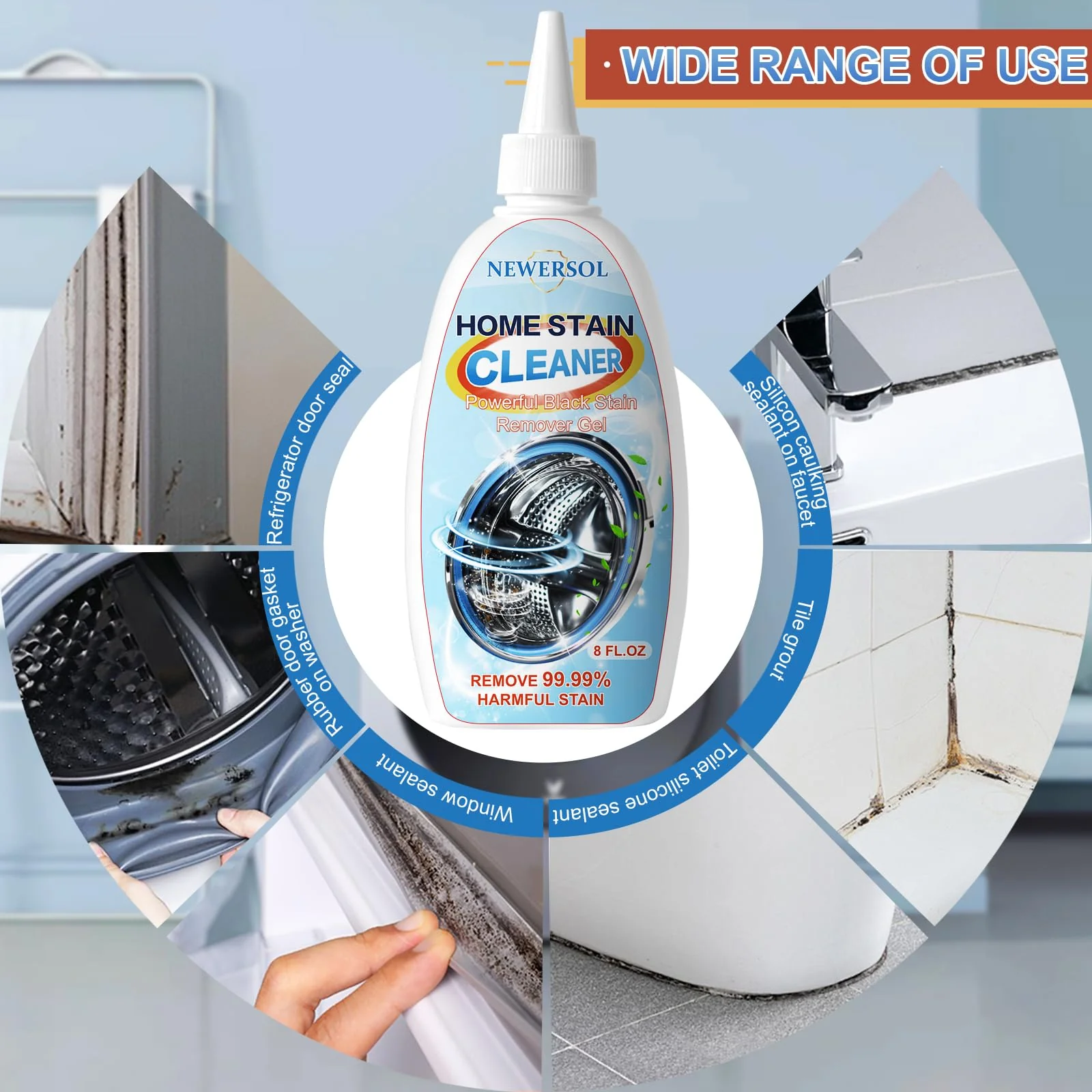 NEWERSOL Black Stain Remover Gel Washing Machine Cleaner Housefold Stain Removal Gel for Front Loader Washer Grout Cleaner Kitchen Sink Showers Bathroom and Floor Tile 8Fl Oz(2-Pack) - Image 3