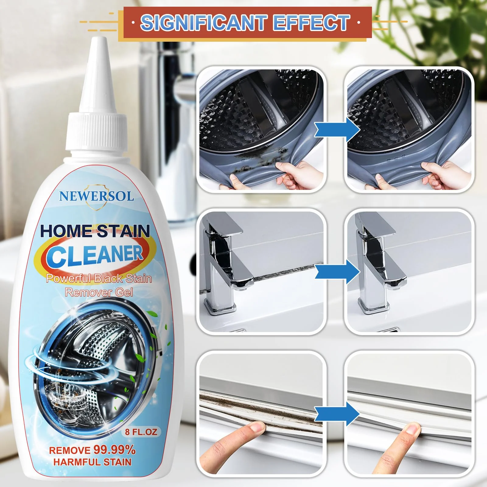 NEWERSOL Black Stain Remover Gel Washing Machine Cleaner Housefold Stain Removal Gel for Front Loader Washer Grout Cleaner Kitchen Sink Showers Bathroom and Floor Tile 8Fl Oz(2-Pack) - Image 4