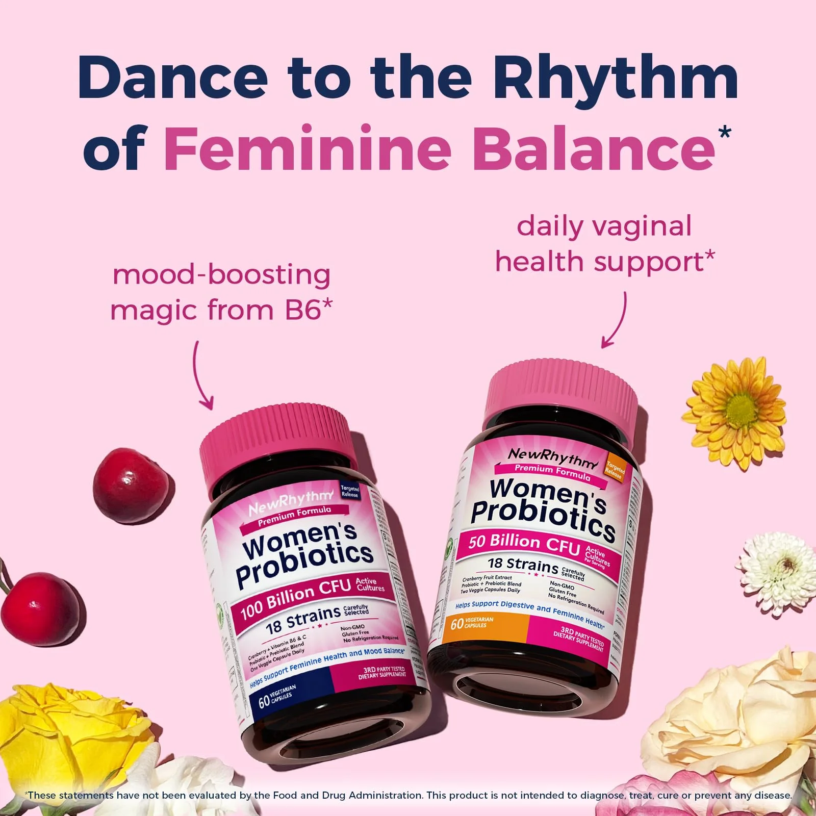NewRhythm Probiotics for Women, P-5-P, Vitamin C & Organic Cranberry, 100 Billion CFU 18 Strains, Prebiotics & Vaginal Probiotics for Digestive Health & PH Balance, 60 Capsules, No Dairy - Image 3