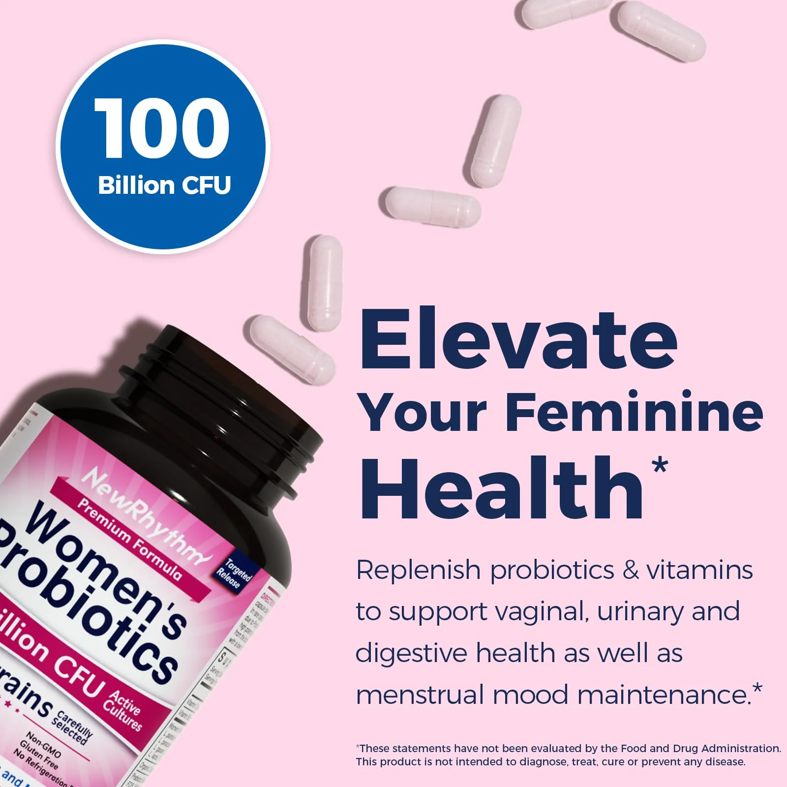 NewRhythm Probiotics for Women, P-5-P, Vitamin C & Organic Cranberry, 100 Billion CFU 18 Strains, Prebiotics & Vaginal Probiotics for Digestive Health & PH Balance, 60 Capsules, No Dairy - Image 7