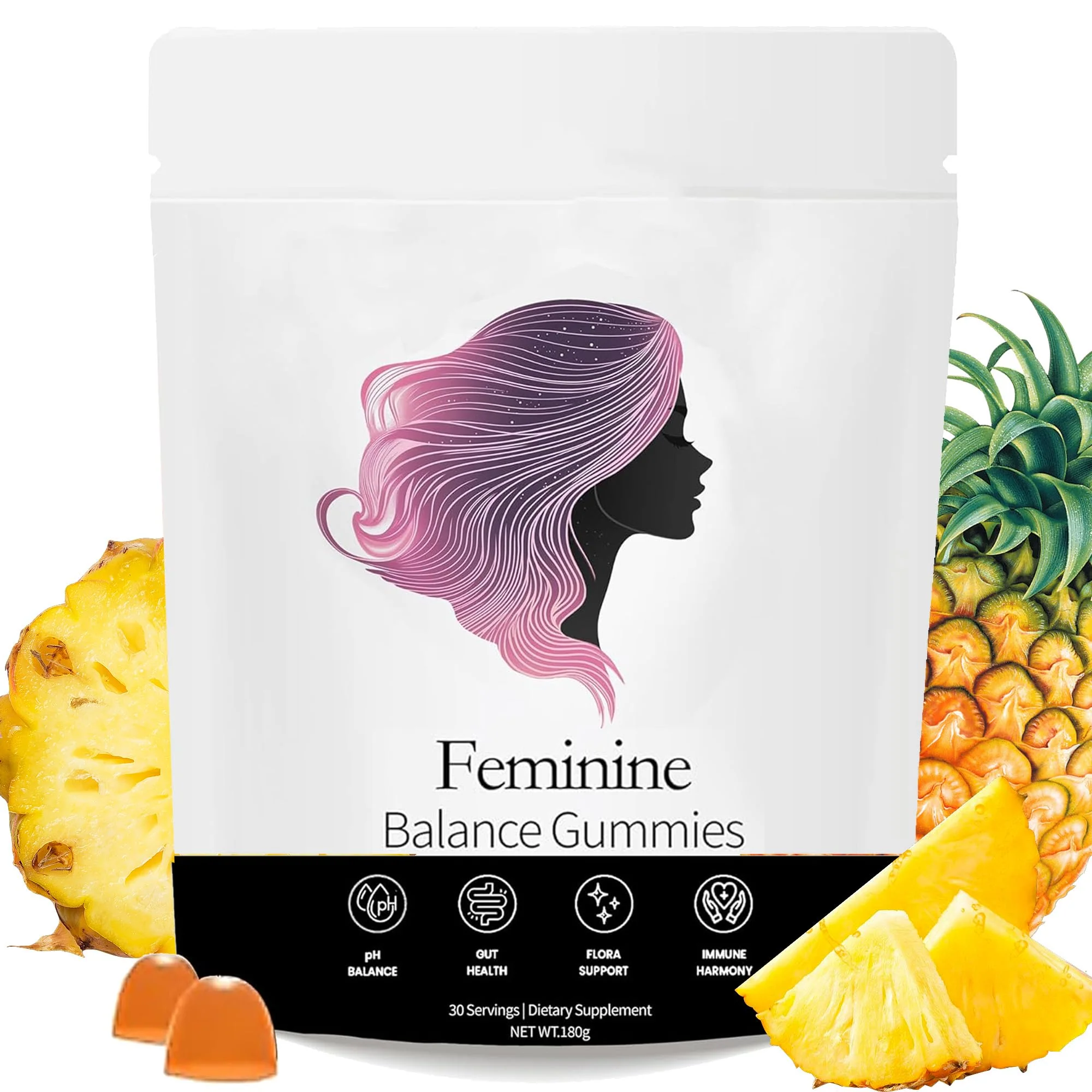 NEWUREHO Feminine Balance Gummies, Pineapple Gummies for Women Ph, Probiotic Blend Hawaiian Pineapple Flavored 60 Gummies