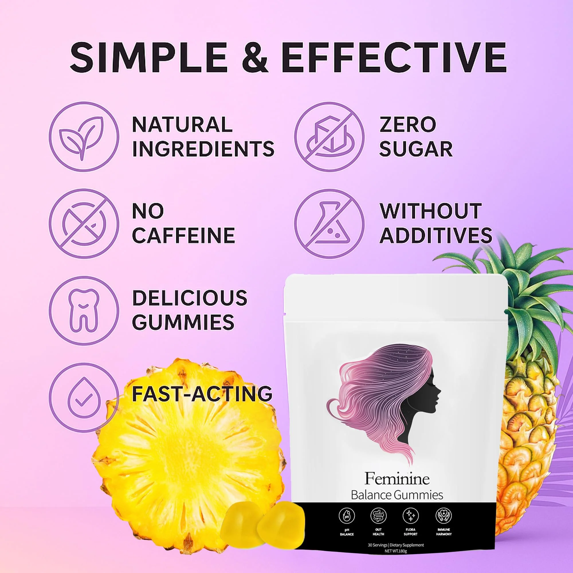 NEWUREHO Feminine Balance Gummies, Pineapple Gummies for Women Ph, Probiotic Blend Hawaiian Pineapple Flavored 60 Gummies - Image 3
