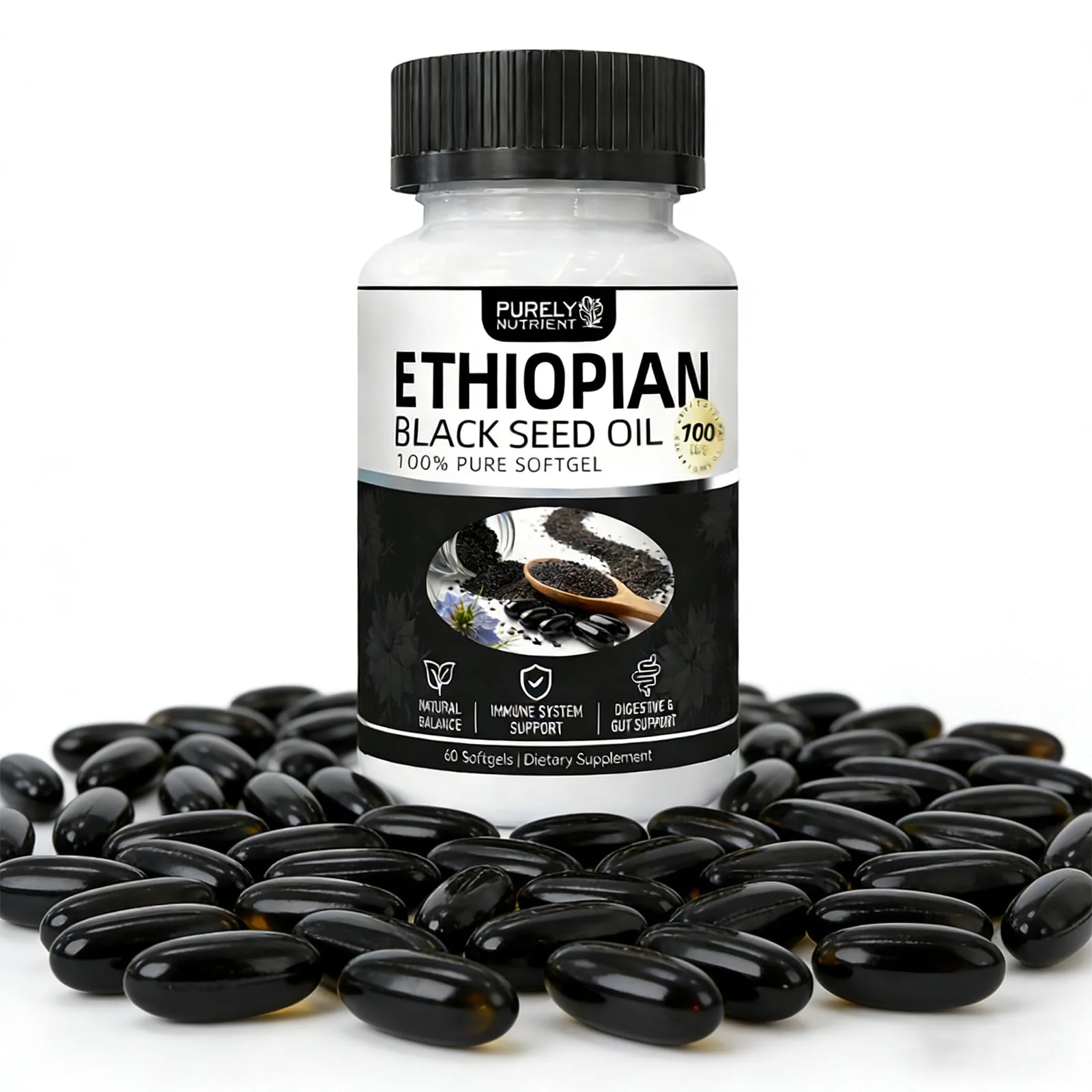 NHQNHQ Purely Nutrient Ethiopian Black Seed Oil, Ethiopian Black Seed Oil Softgels |4.64% Thymoquinone | Non-GMO, Gluten-Free,60 Capsules-1PCS - Image 2