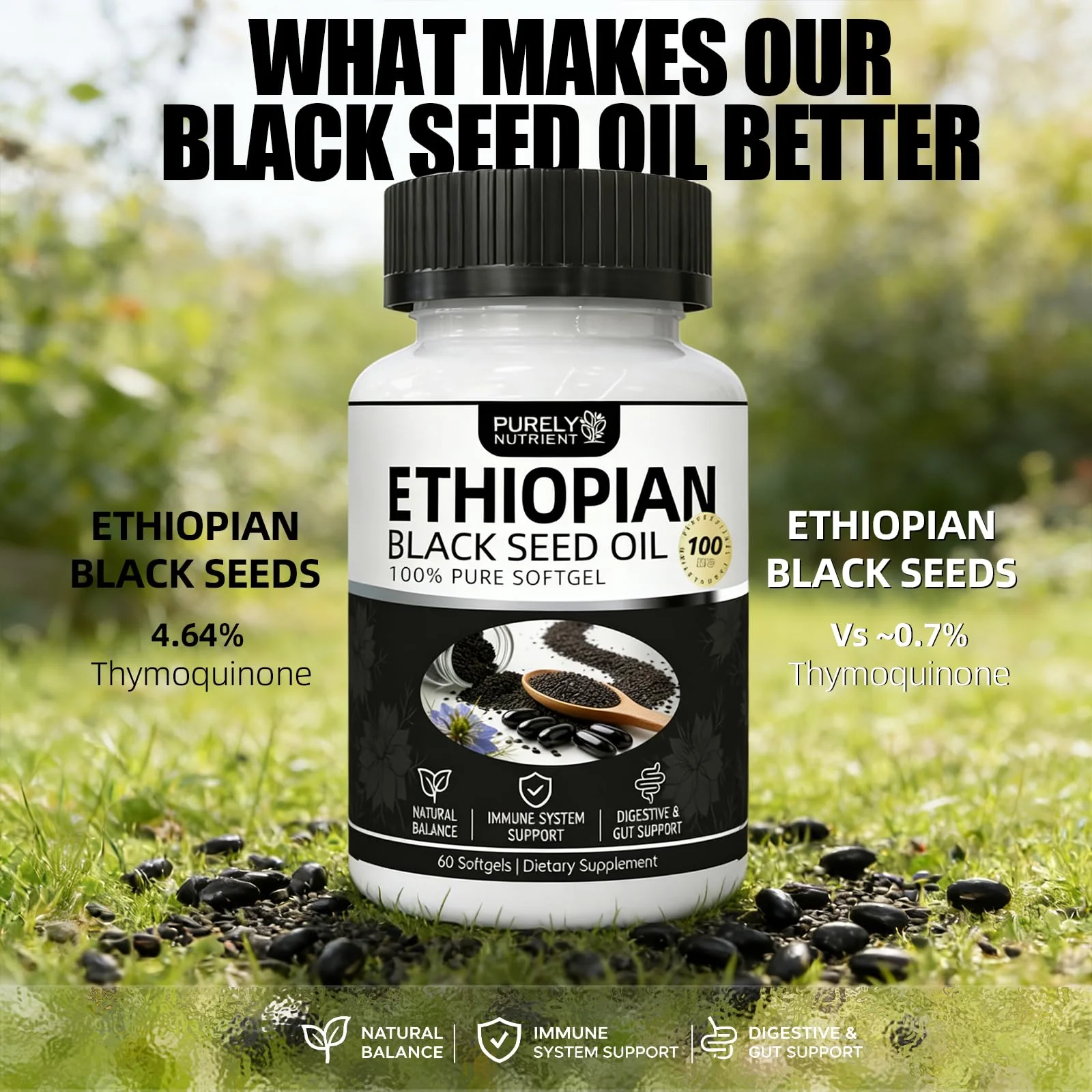 NHQNHQ Purely Nutrient Ethiopian Black Seed Oil, Ethiopian Black Seed Oil Softgels |4.64% Thymoquinone | Non-GMO, Gluten-Free,60 Capsules-1PCS - Image 4