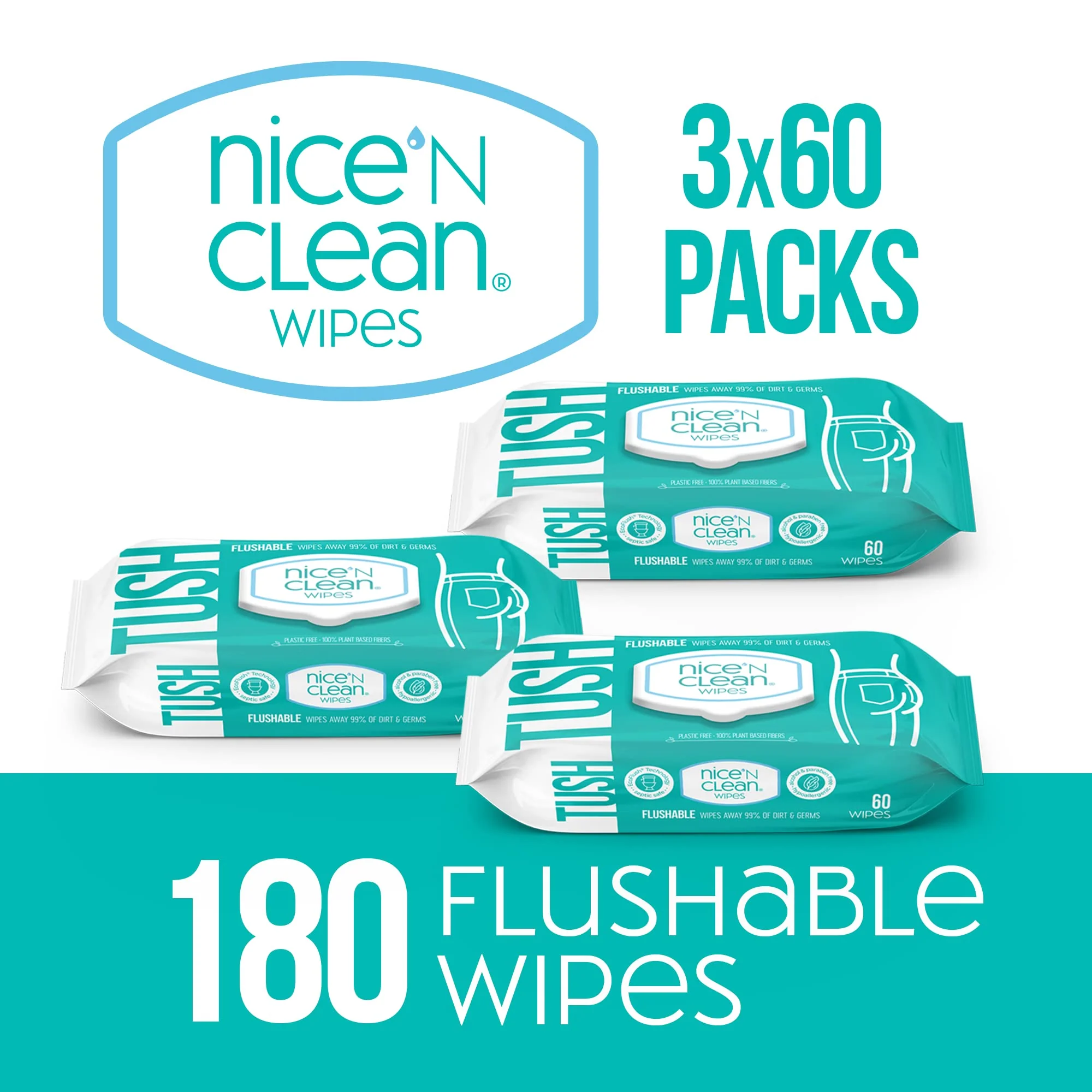 Nice 'N Clean Adult Flushable Wipes (3 x 60 Count) | Personal Cleansing Wipes Made from Plant-Based Fibers | Infused with Aloe & Vitamin E - Image 8