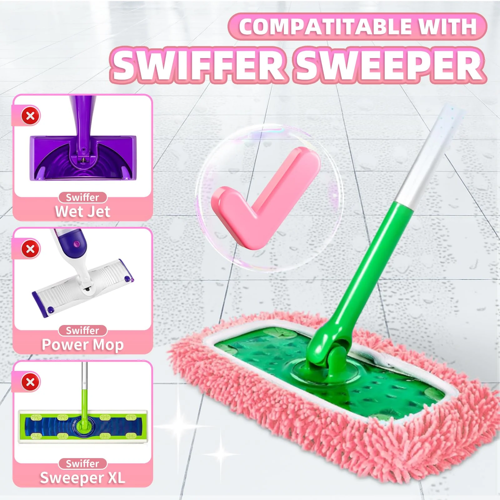 Nicemiya 8 Pack Reusable Mop Pads Compatible with Swiffer Sweeper, Microfiber Chenille Washable Swiffer Mop Pads, Dry & Wet Sweeping Mopping Cloths (Pink) - Image 6