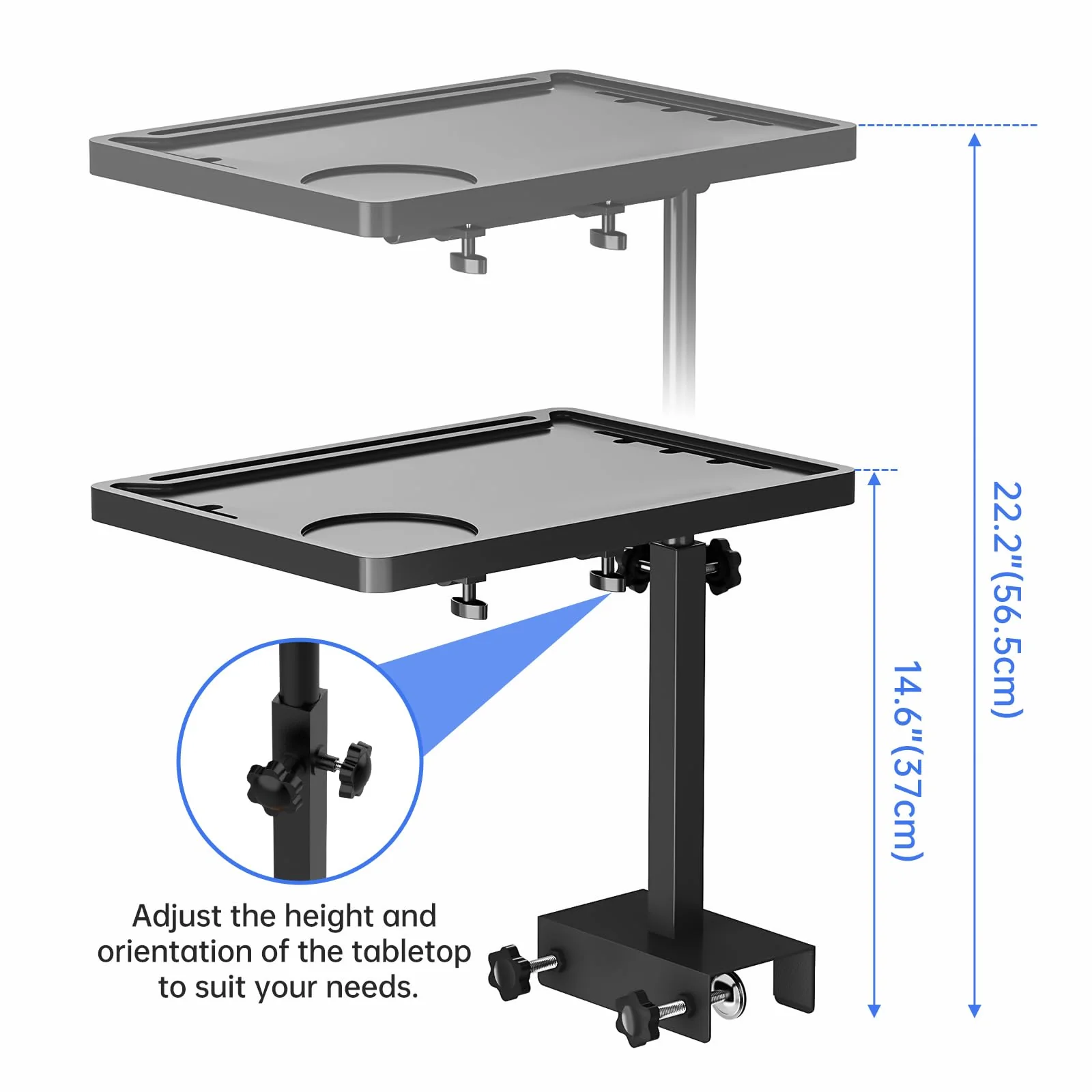NiHome Height-Adjustable Bedside Shelf with Rotating Foldable Tray for Dorms, Apartments, Small Bedrooms, Fits Bed Frames 0.7"-2.7" Wide, Holds 15" Laptops, Phones, Snacks, Books, Alarm Clocks (Black)