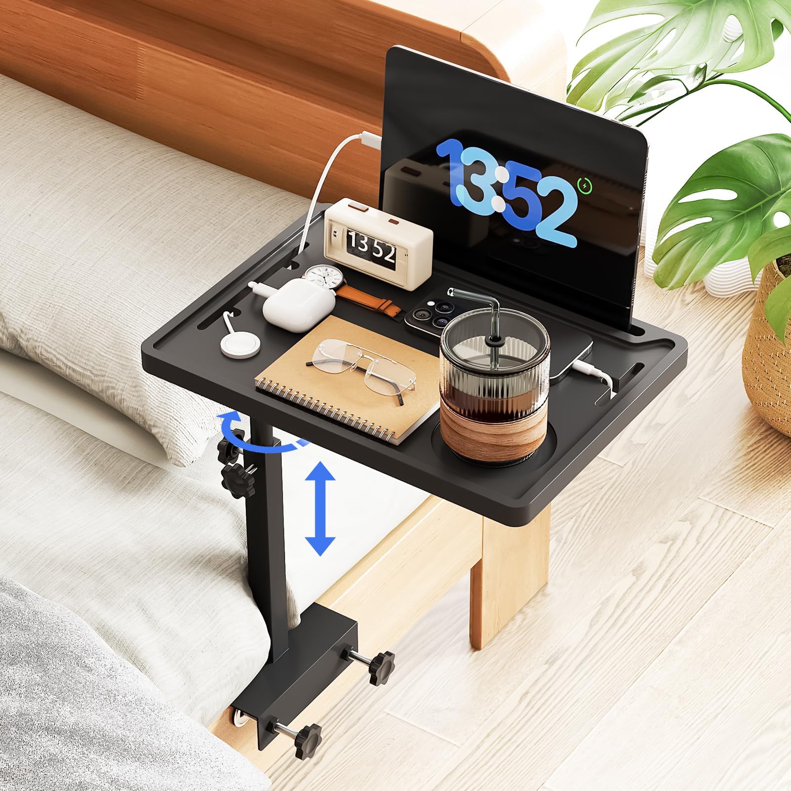 NiHome Height-Adjustable Bedside Shelf with Rotating Foldable Tray for Dorms, Apartments, Small Bedrooms, Fits Bed Frames 0.7"-2.7" Wide, Holds 15" Laptops, Phones, Snacks, Books, Alarm Clocks (Black) - Image 2