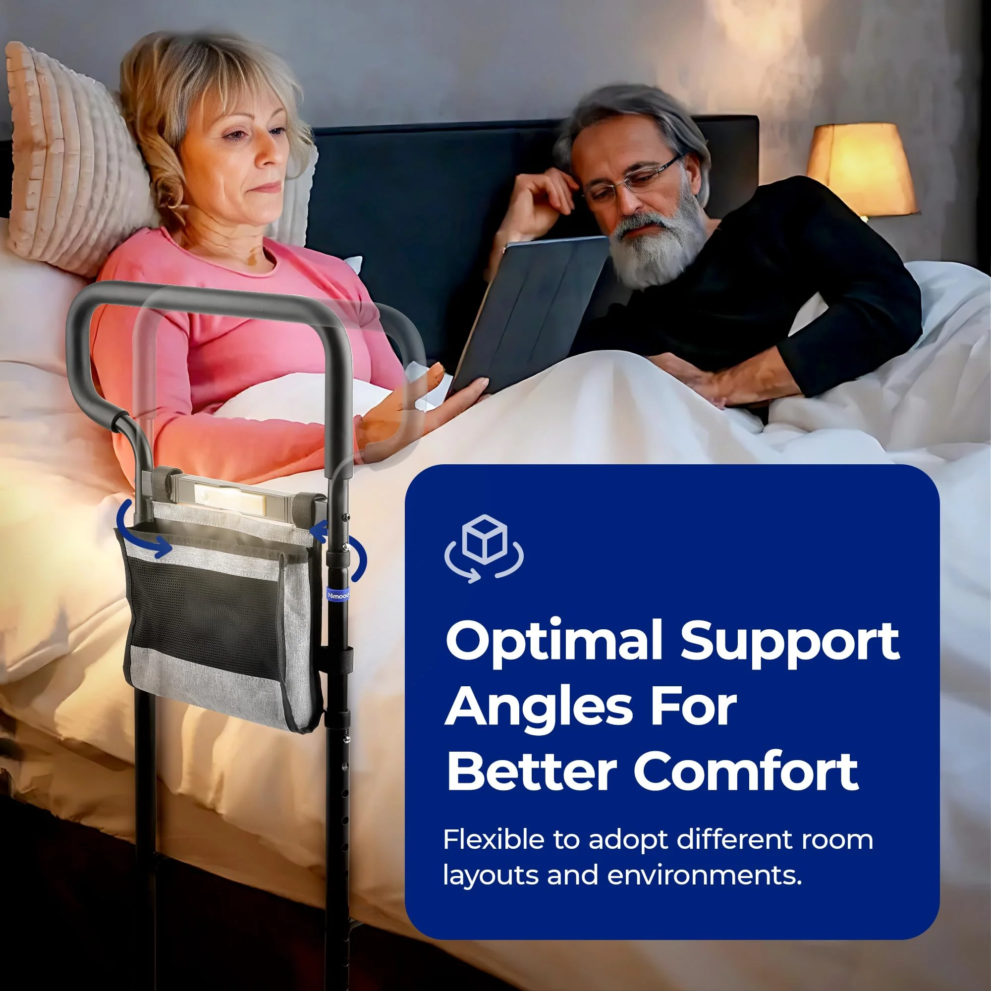nimood C3 PRO Bed Rails for Seniors Elderly Adults Safety, Adjustable Heights Bed Cane Bed Assist Bar Elderly Assistance Products, with Motion Light- Easy to Get in or Out of Bed with Floor Suppor - Image 8