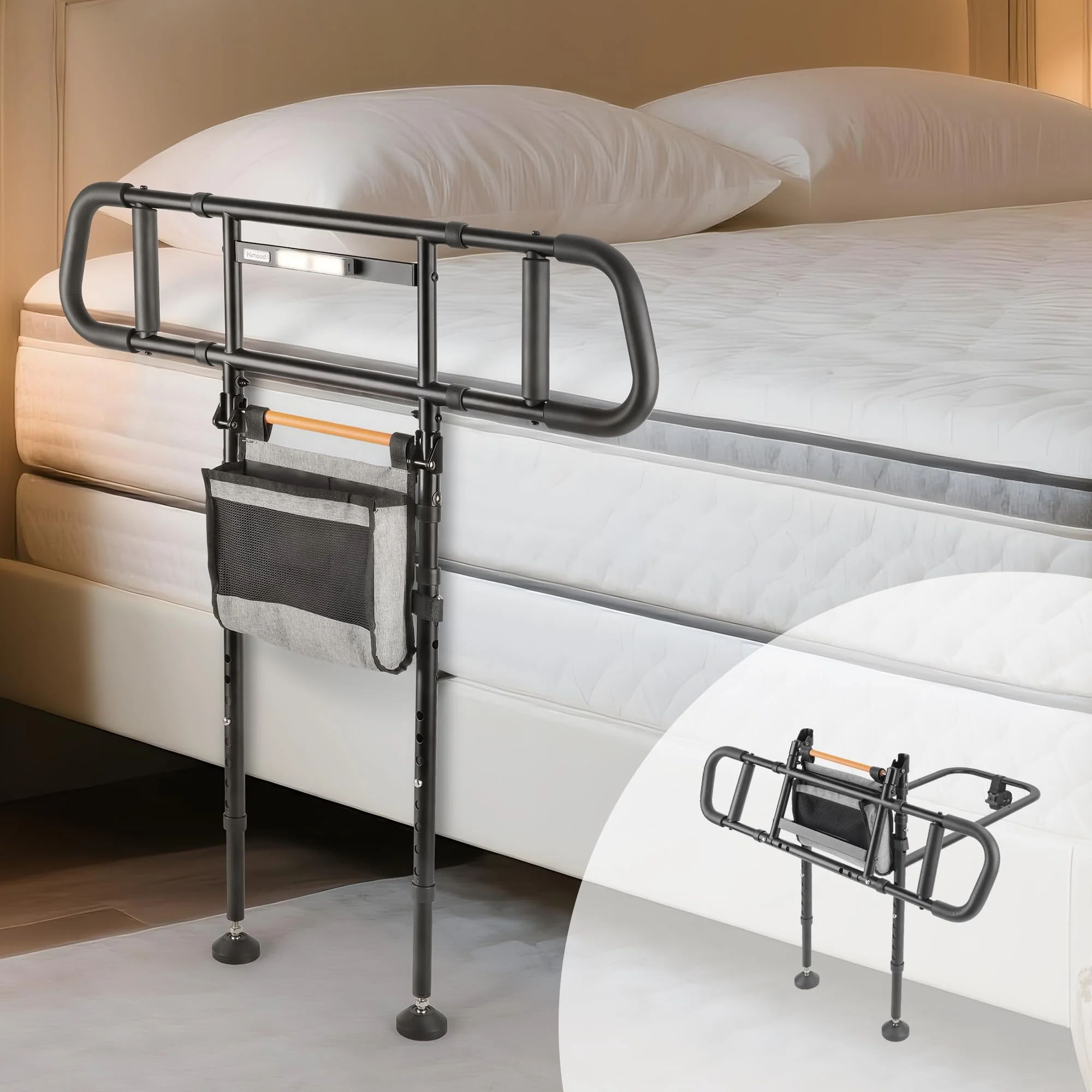 Nimood C5 Pro Bed Assist Rails for Seniors, 350LBS Stable Tool-Free Foldable Bed Guard Rail with Non-Slip Ergonomic Wider Handrail, Extension Heights LED Light Side Rails for Elderly Adults Safety
