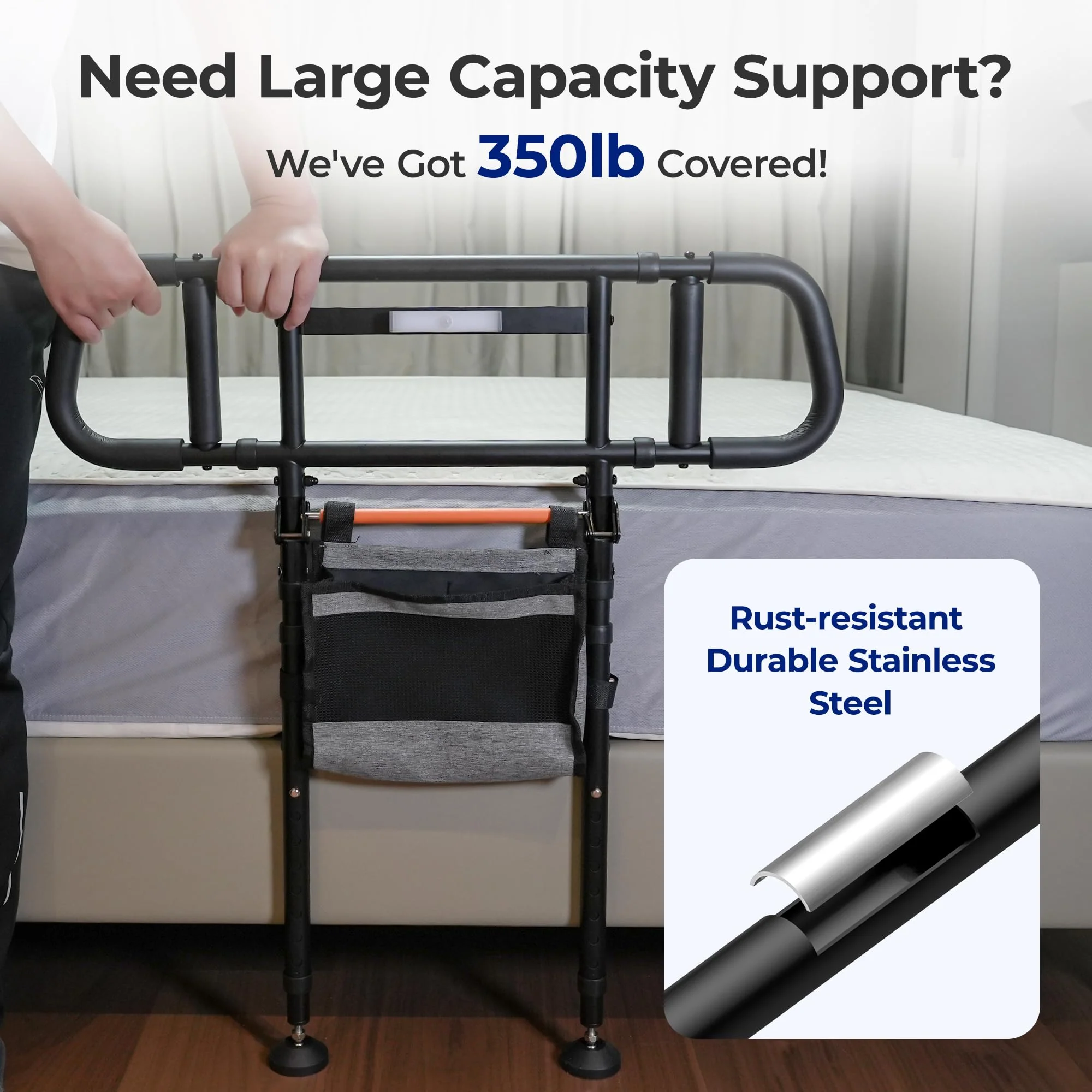 Nimood C5 Pro Bed Assist Rails for Seniors, 350LBS Stable Tool-Free Foldable Bed Guard Rail with Non-Slip Ergonomic Wider Handrail, Extension Heights LED Light Side Rails for Elderly Adults Safety - Image 4