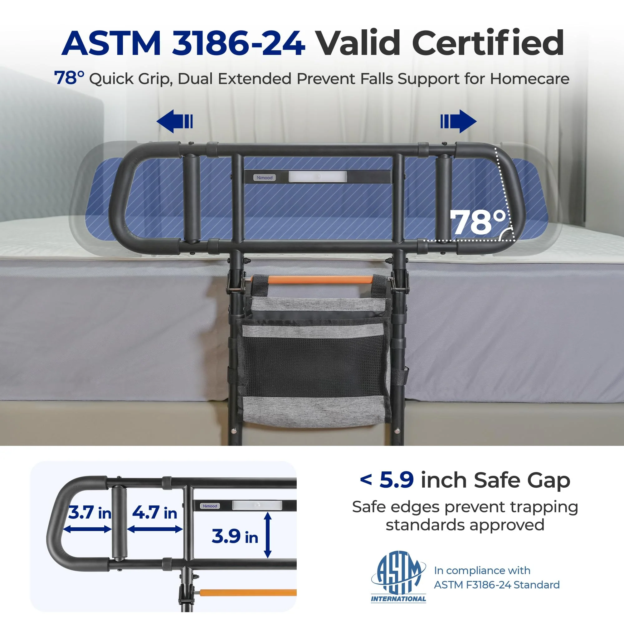 Nimood C5 Pro Bed Assist Rails for Seniors, 350LBS Stable Tool-Free Foldable Bed Guard Rail with Non-Slip Ergonomic Wider Handrail, Extension Heights LED Light Side Rails for Elderly Adults Safety - Image 5