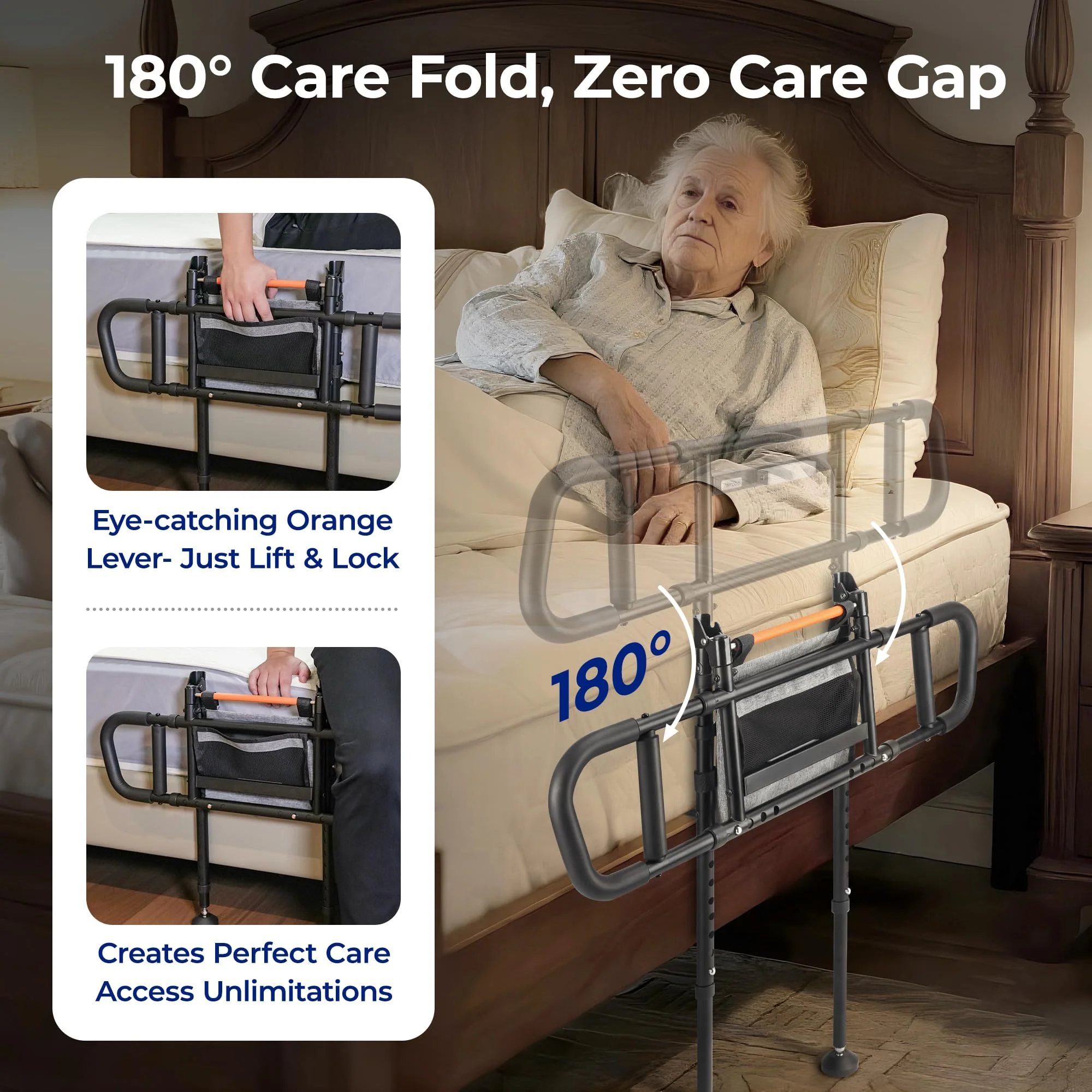 Nimood C5 Pro Bed Assist Rails for Seniors, 350LBS Stable Tool-Free Foldable Bed Guard Rail with Non-Slip Ergonomic Wider Handrail, Extension Heights LED Light Side Rails for Elderly Adults Safety - Image 6