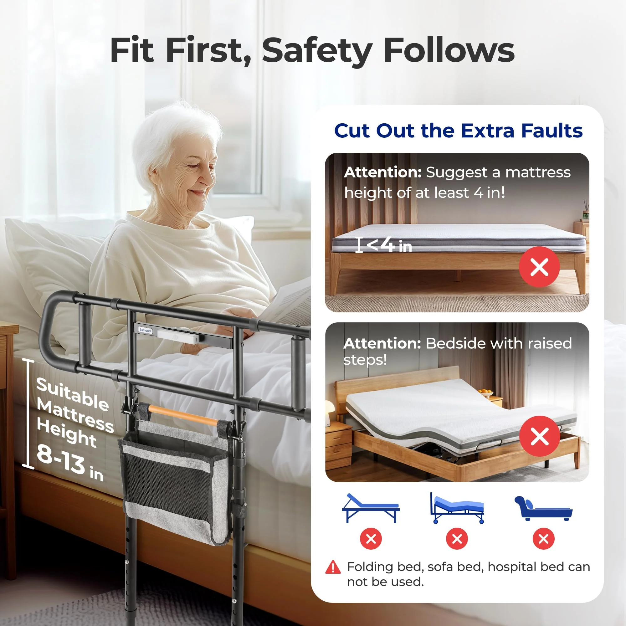 Nimood C5 Pro Bed Assist Rails for Seniors, 350LBS Stable Tool-Free Foldable Bed Guard Rail with Non-Slip Ergonomic Wider Handrail, Extension Heights LED Light Side Rails for Elderly Adults Safety - Image 7