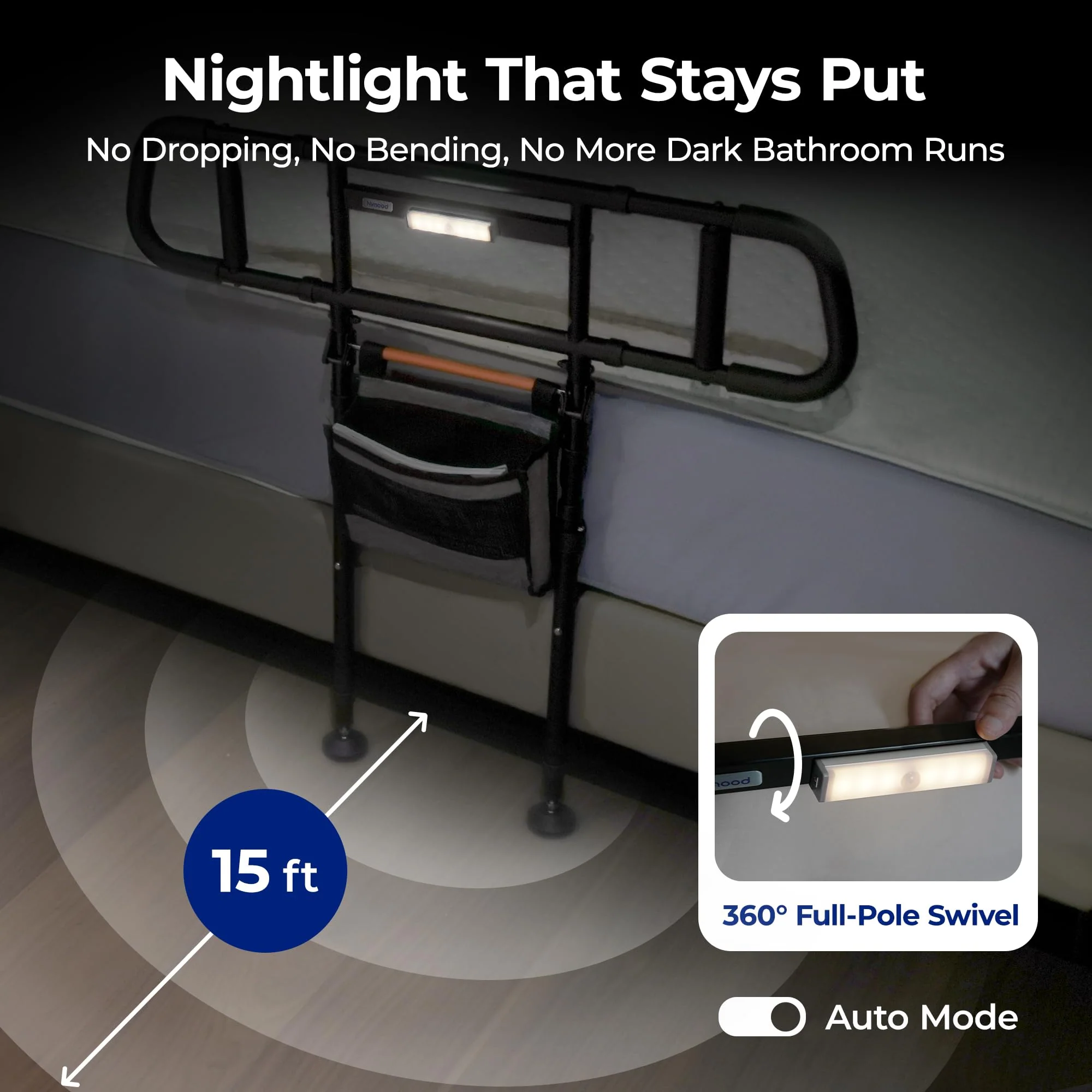 Nimood C5 Pro Bed Assist Rails for Seniors, 350LBS Stable Tool-Free Foldable Bed Guard Rail with Non-Slip Ergonomic Wider Handrail, Extension Heights LED Light Side Rails for Elderly Adults Safety - Image 8