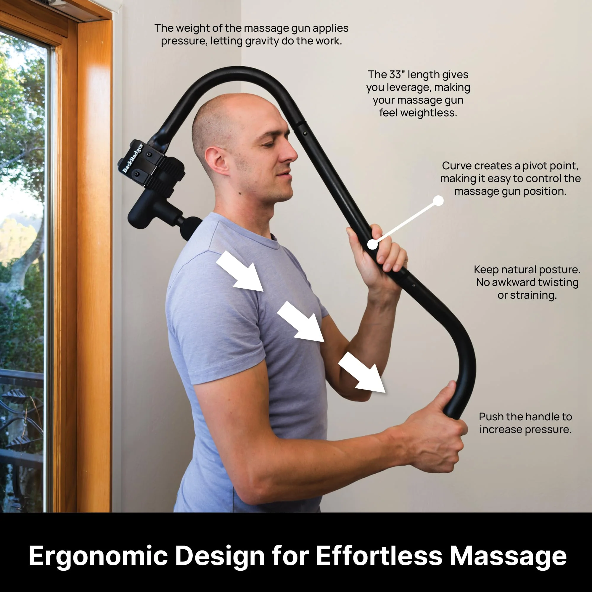 Ninefold Design BackBadger Percussive Massage Gun Holder for Back, Compatible with Most Massage Guns, for Hard to Reach Areas - Black - Image 6