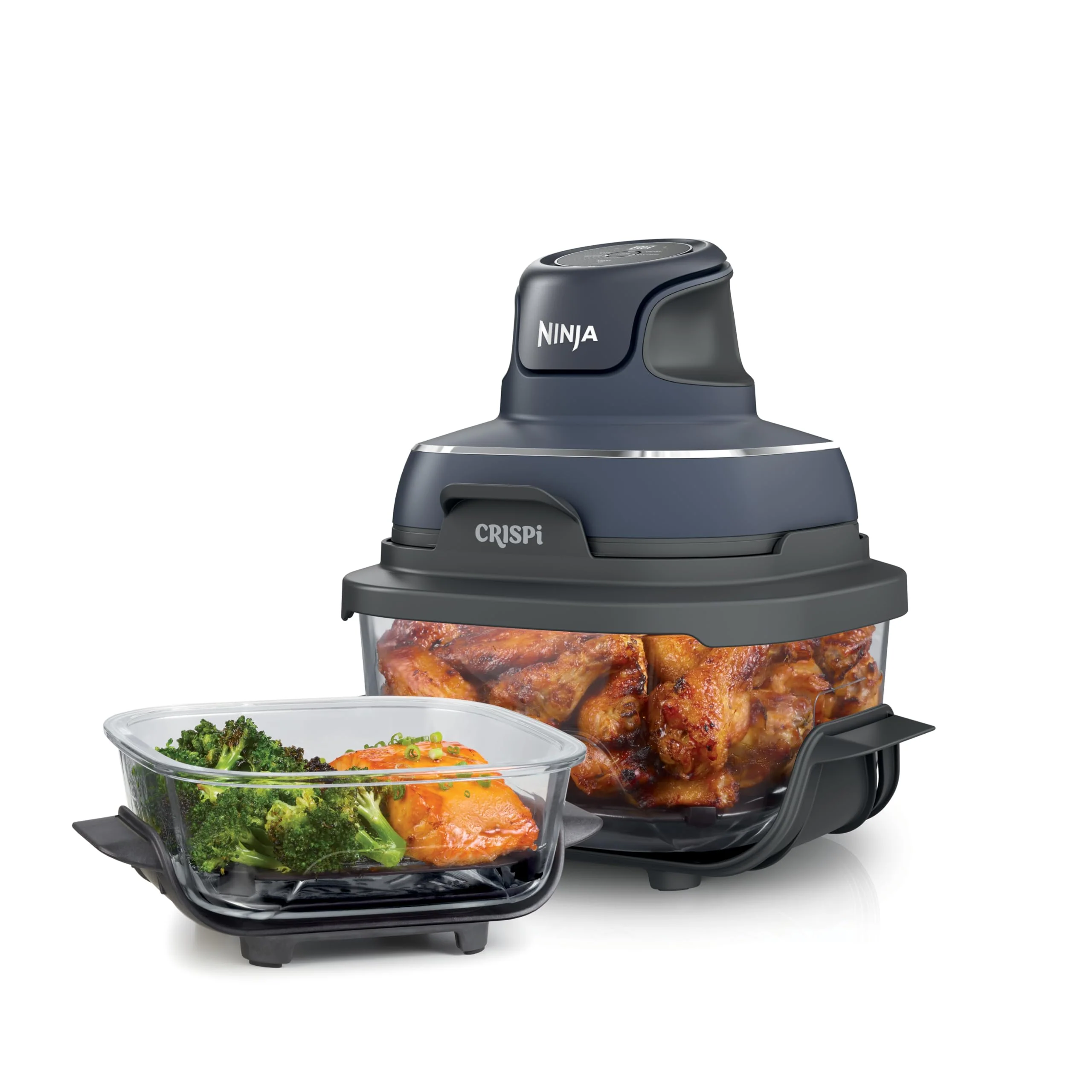 Ninja Crispi Air Fryer, Microwave, Freezer & Dishwasher Safe, Non Toxic Glass Portable Cooking System, 4 QT & 6 Cup Glass Containers with Storage Lids, Easy Meals, Air Fry, Bake, Grey (Renewed)