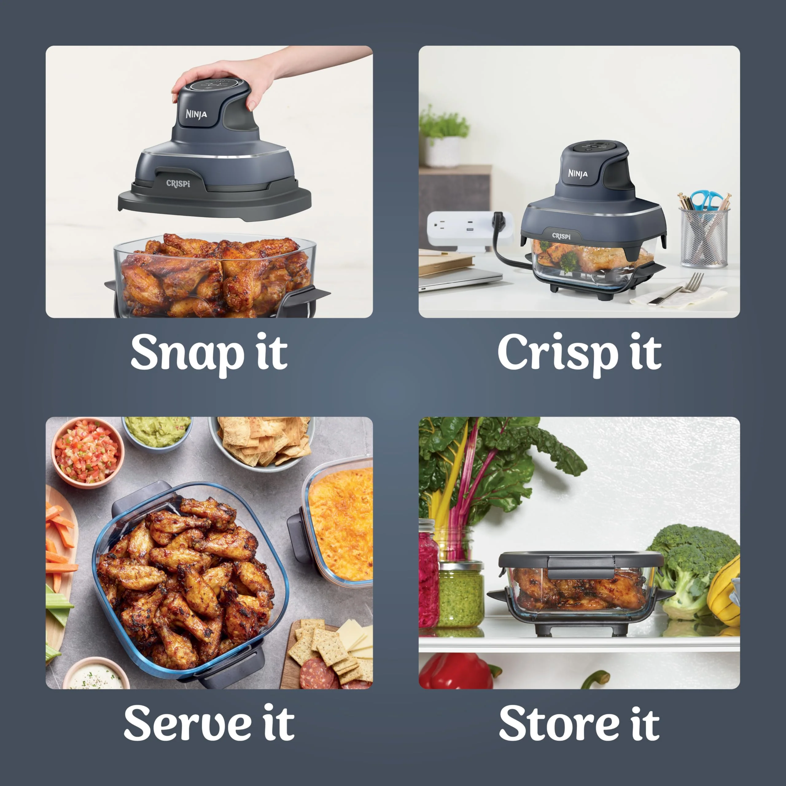 Ninja Crispi Air Fryer, Microwave, Freezer & Dishwasher Safe, Non Toxic Glass Portable Cooking System, 4 QT & 6 Cup Glass Containers with Storage Lids, Easy Meals, Air Fry, Bake, Grey (Renewed) - Image 4