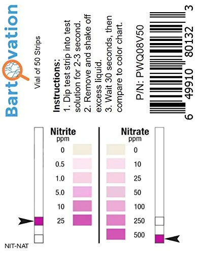 Nitrite 0-25 ppm, Nitrate 0-500 ppm Two Pad Test Strip [Vial of 50 Strips] - Image 2